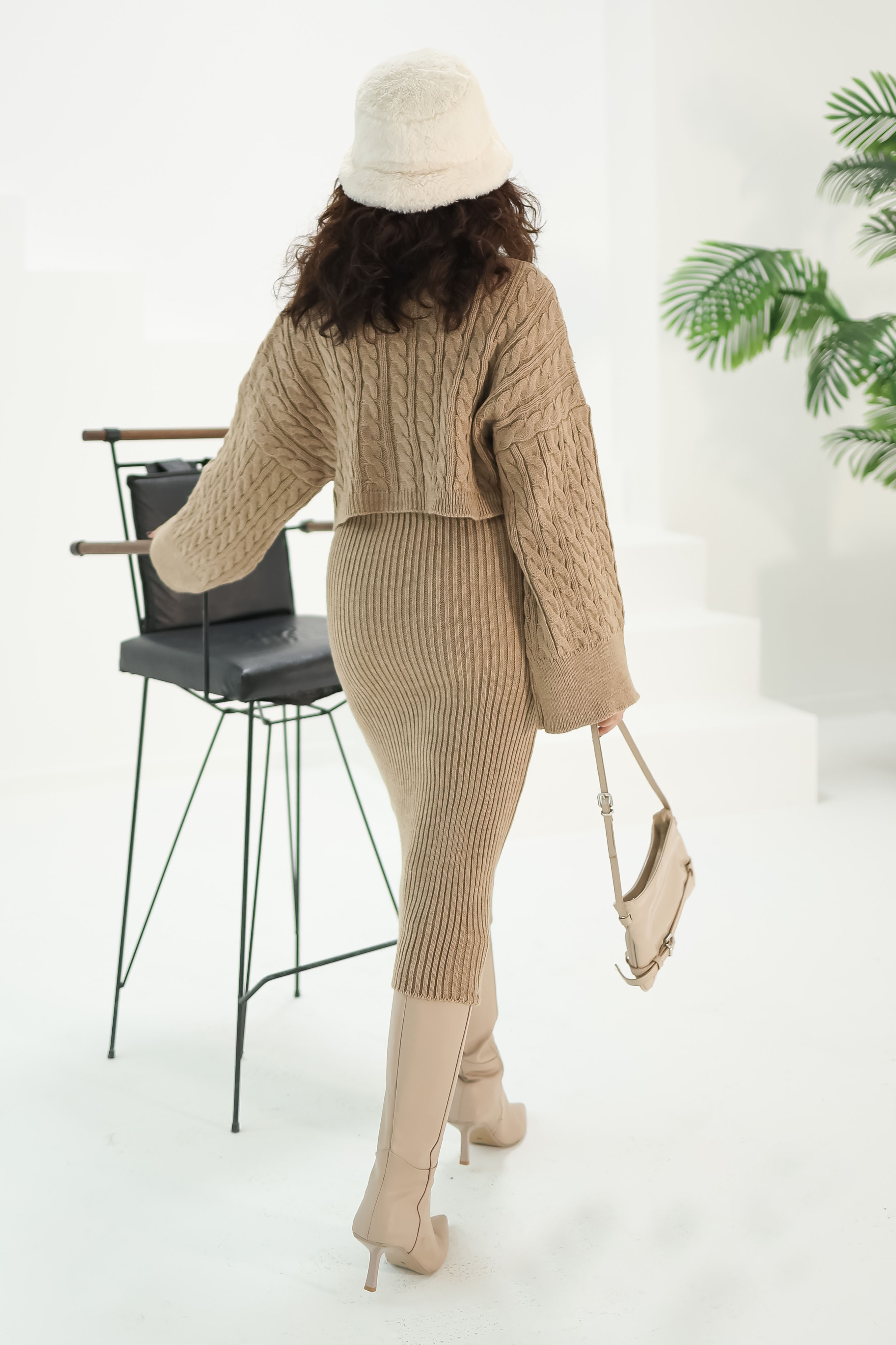 Düz Orta Kadın Vizon Elbise Kazak Triko Takım - 26588 - 5