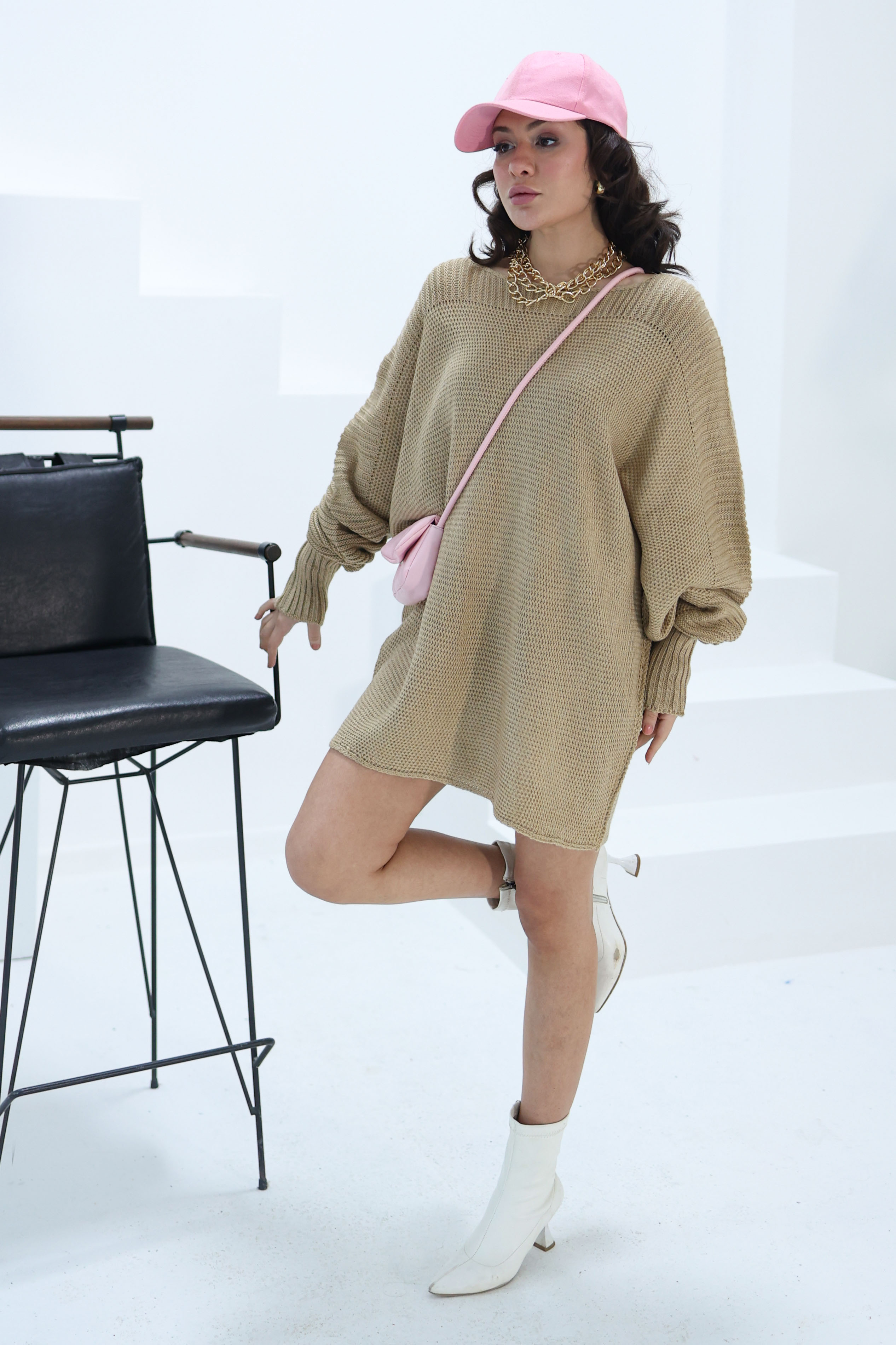 Geniş Yaka Triko Kazak Vizon - 26596 - 2