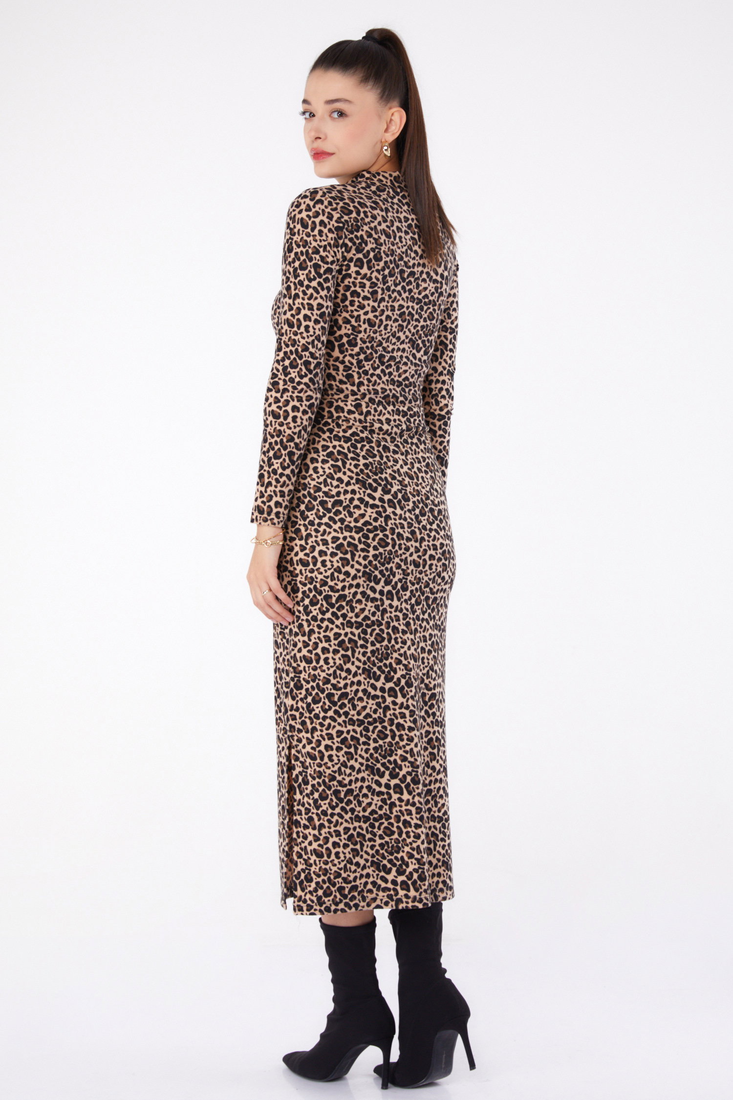 Düz Orta Kadın Vizon Leopar Desenli Yırtmaçlı Etek - 26320 - 5