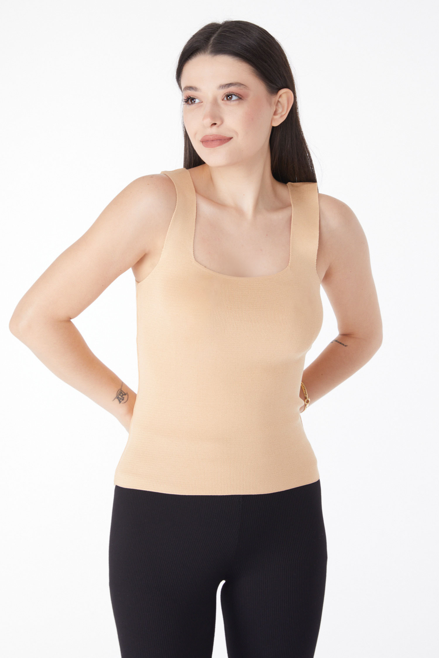 Düz Orta Kadın Vizon Yazlık Triko Crop - 25220 - 1