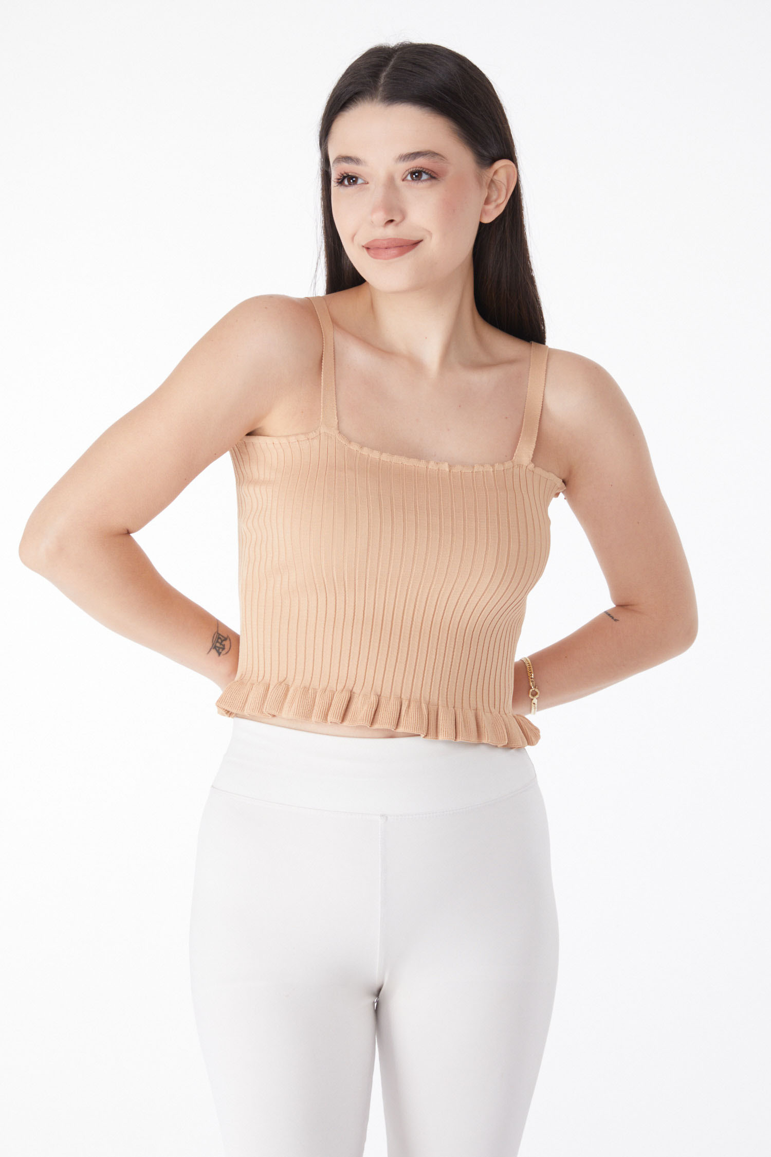 Düz Orta Kadın Vizon Yazlık Triko Crop - 25222 - 1