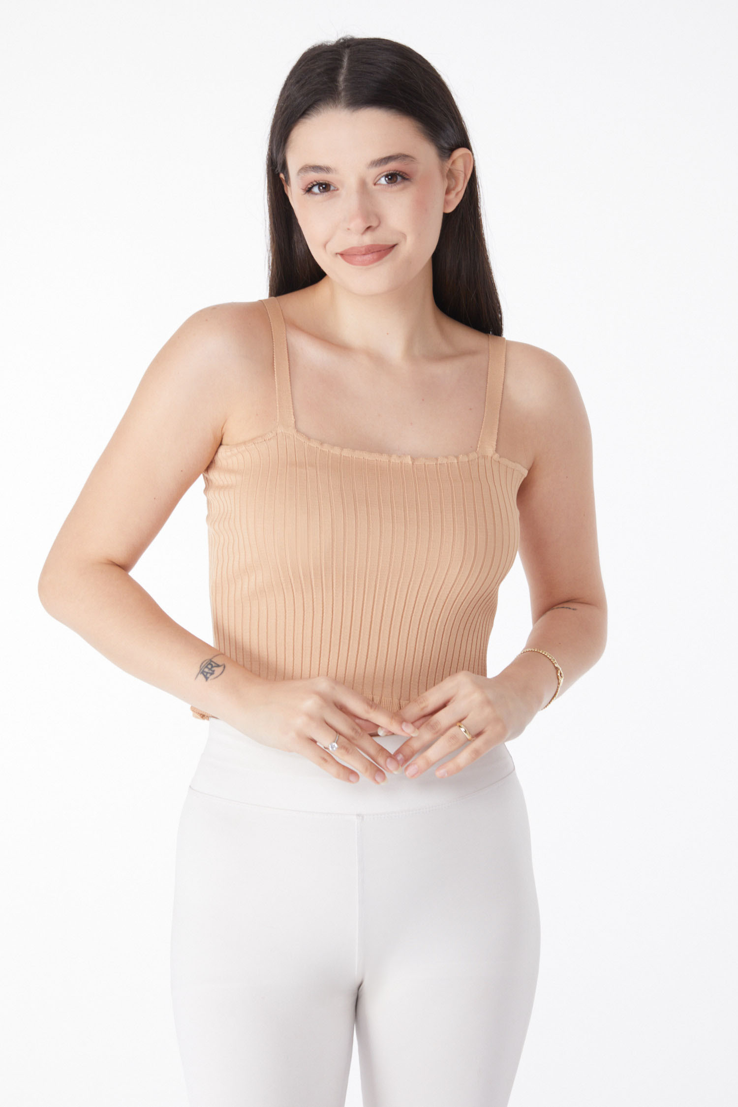 Düz Orta Kadın Vizon Yazlık Triko Crop - 25222 - 2