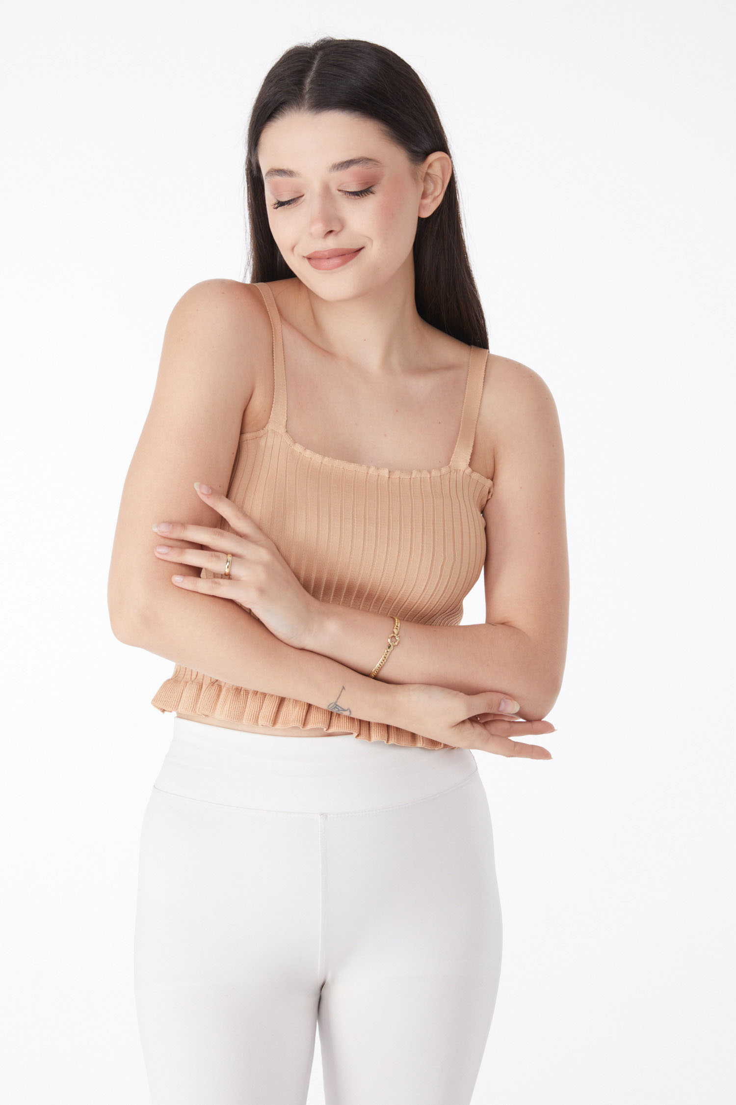 Düz Orta Kadın Vizon Yazlık Triko Crop - 25222 - 3