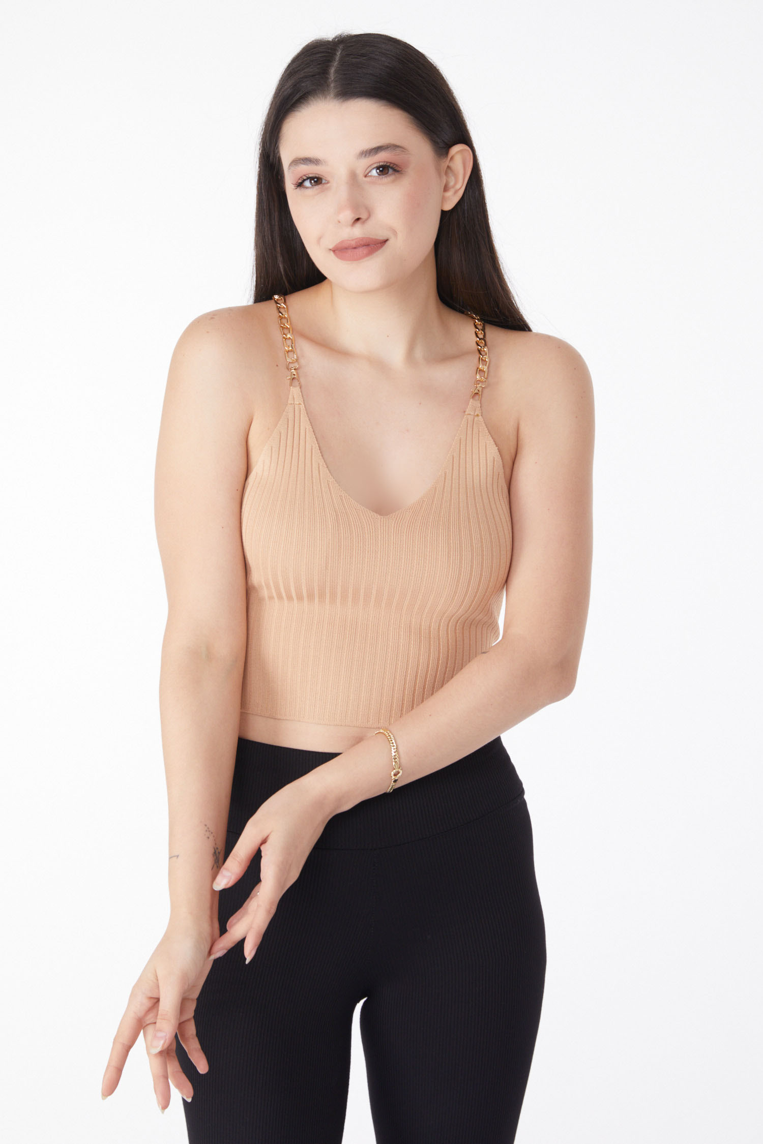 Zincirli Triko Crop Vizon - 25221 - 2