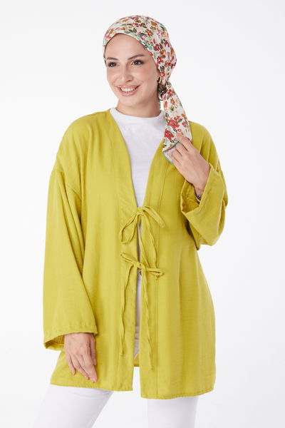 Düz Orta Kadın Yağ Yeşili Bağcıklı Kimono - 26141 