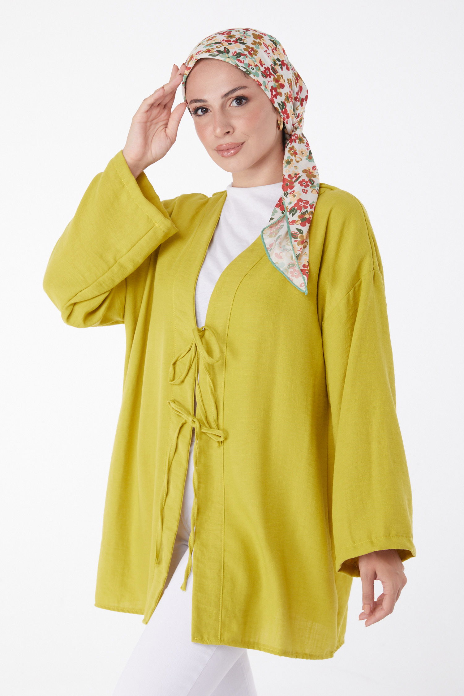 Düz Orta Kadın Yağ Yeşili Bağcıklı Kimono - 26141 - 2