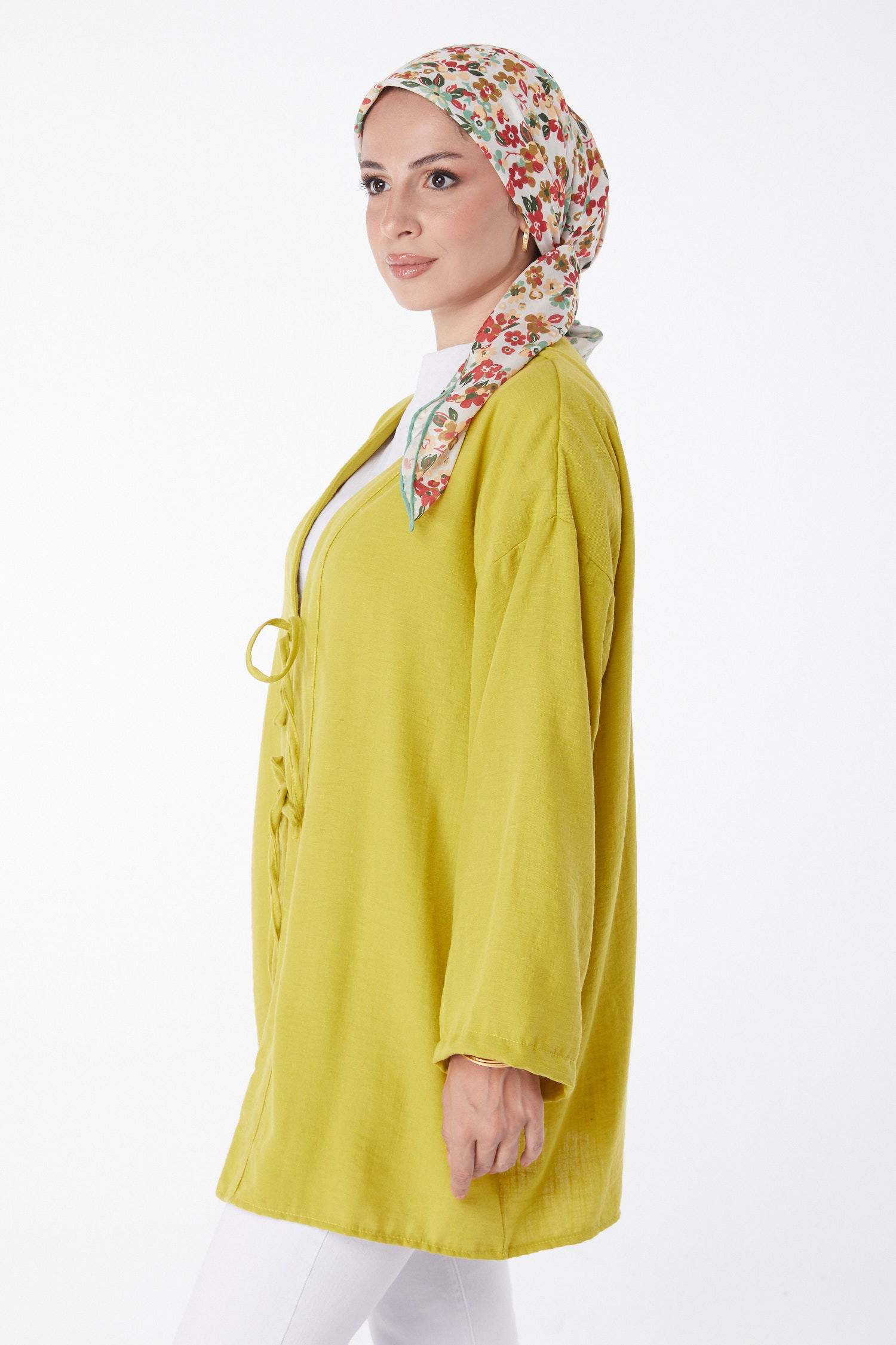 Düz Orta Kadın Yağ Yeşili Bağcıklı Kimono - 26141 - 3