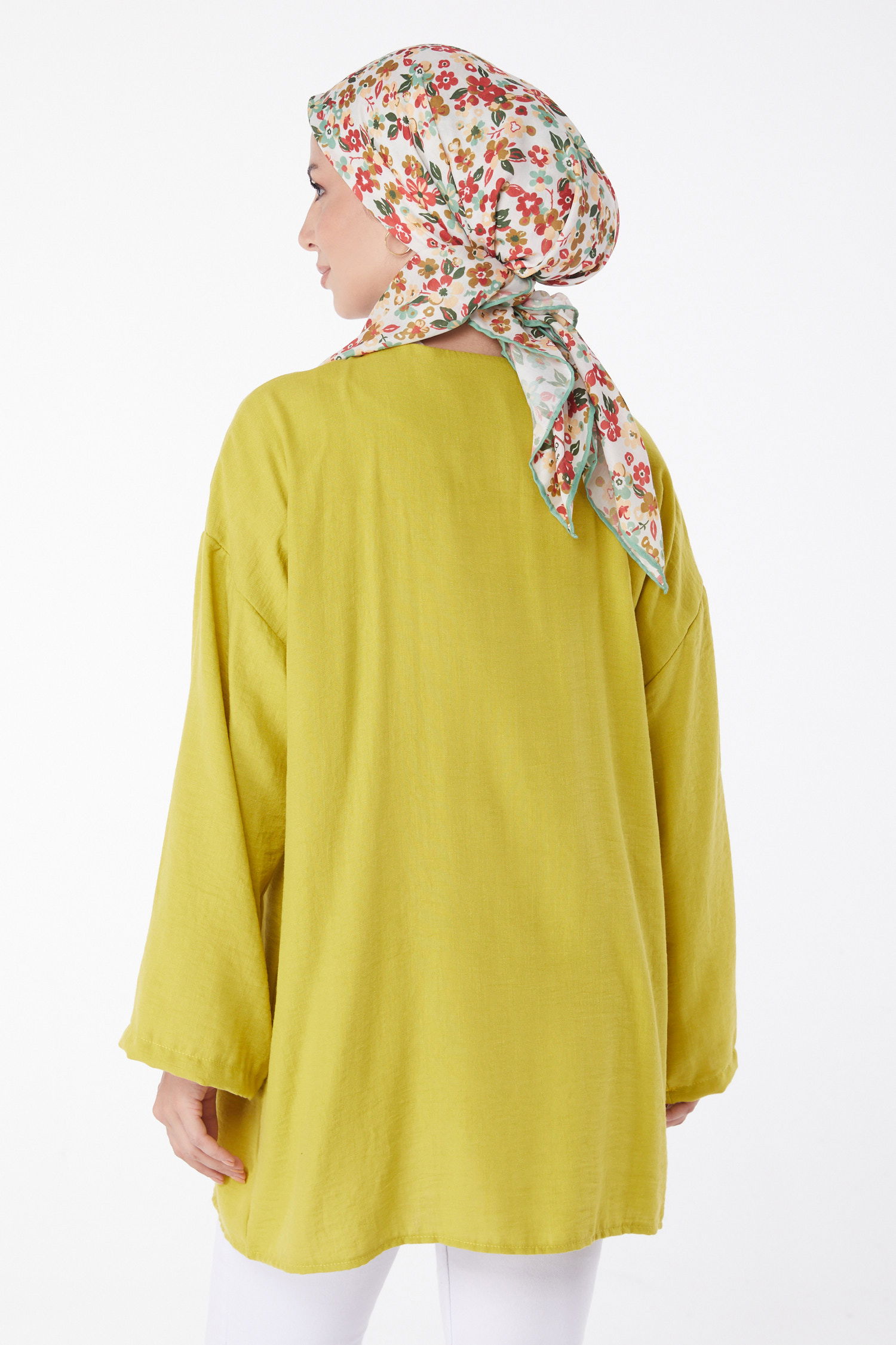 Düz Orta Kadın Yağ Yeşili Bağcıklı Kimono - 26141 - 4