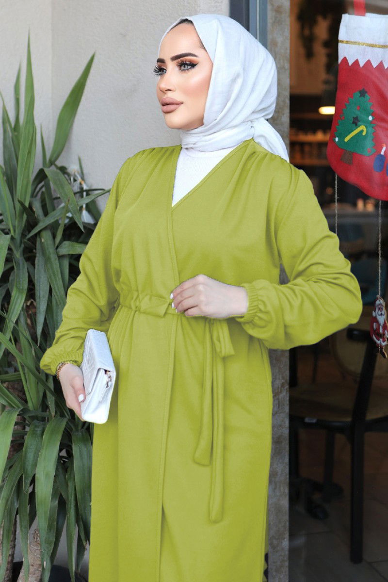 Belden Bağlamalı Hırka Yağ Yeşili - 26586 - 4