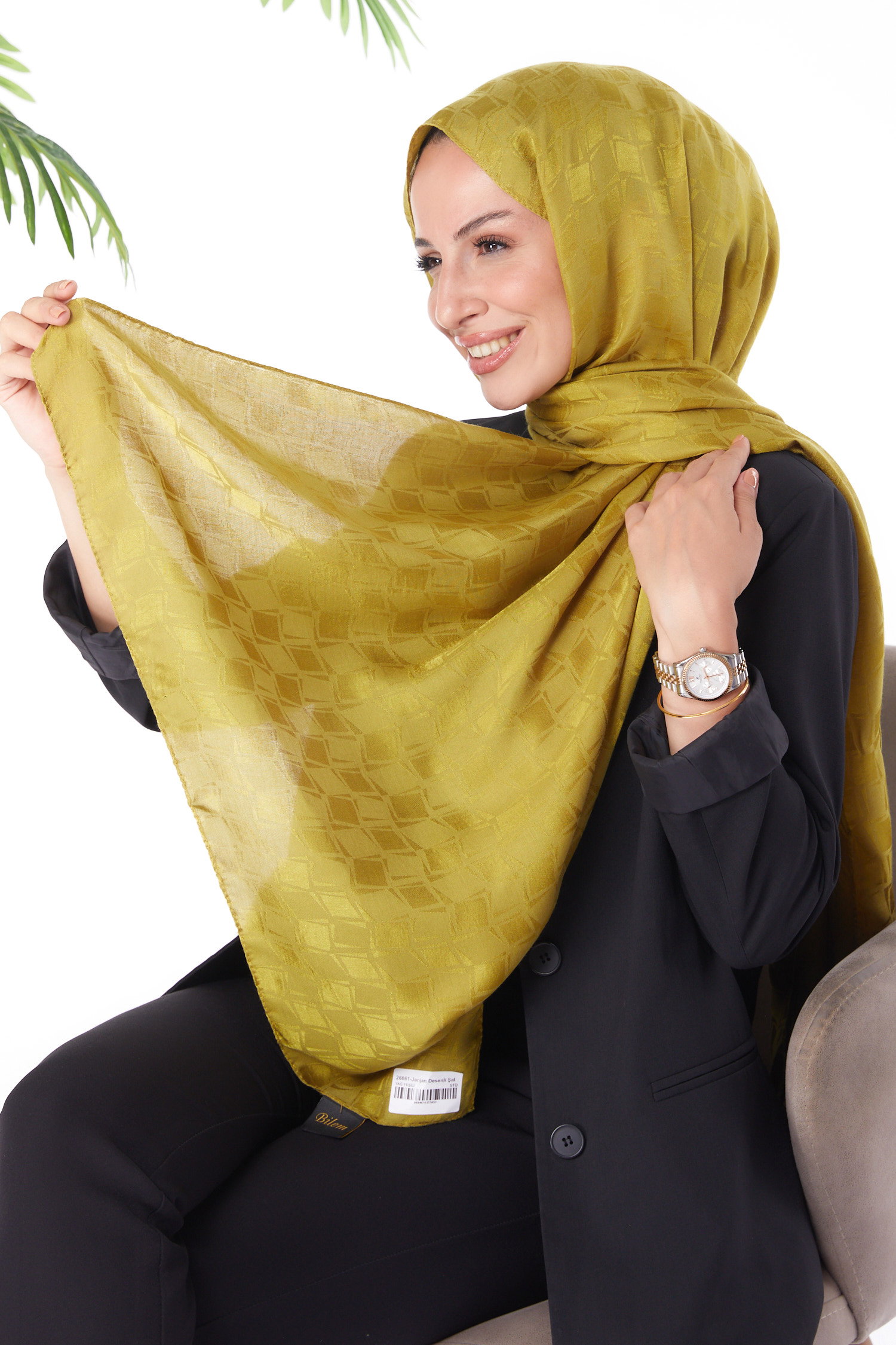 Düz Orta Kadın Yağ Yeşili Janjan Desenli Şal - 26061 - 1