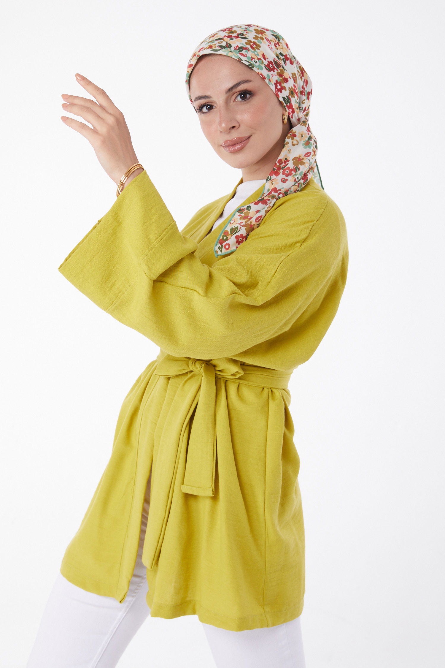 Düz Orta Kadın Yağ Yeşili Kuşaklı Kimono - 26129 - 1