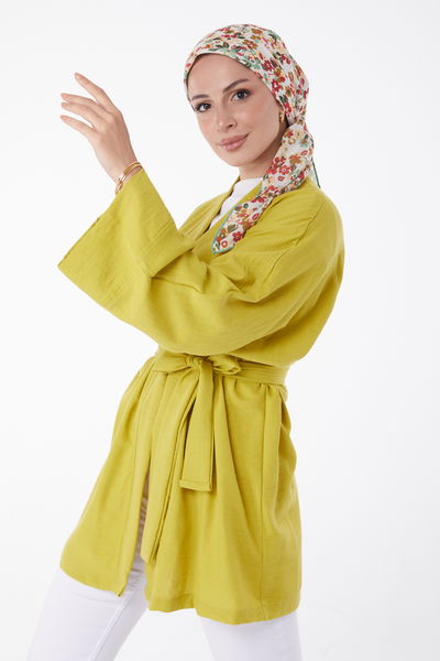 Düz Orta Kadın Yağ Yeşili Kuşaklı Kimono - 26129 