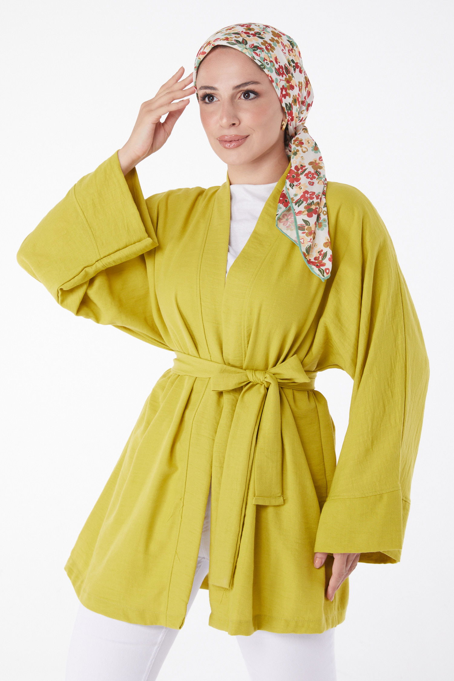 Düz Orta Kadın Yağ Yeşili Kuşaklı Kimono - 26129 - 2