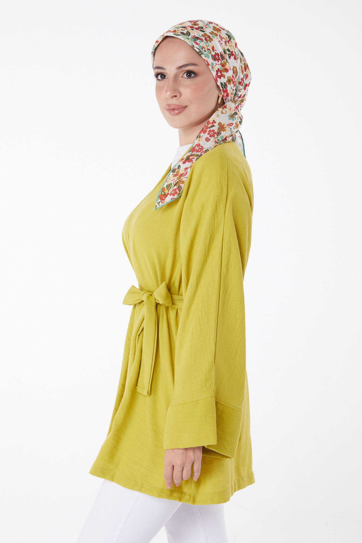 Düz Orta Kadın Yağ Yeşili Kuşaklı Kimono - 26129 - 3