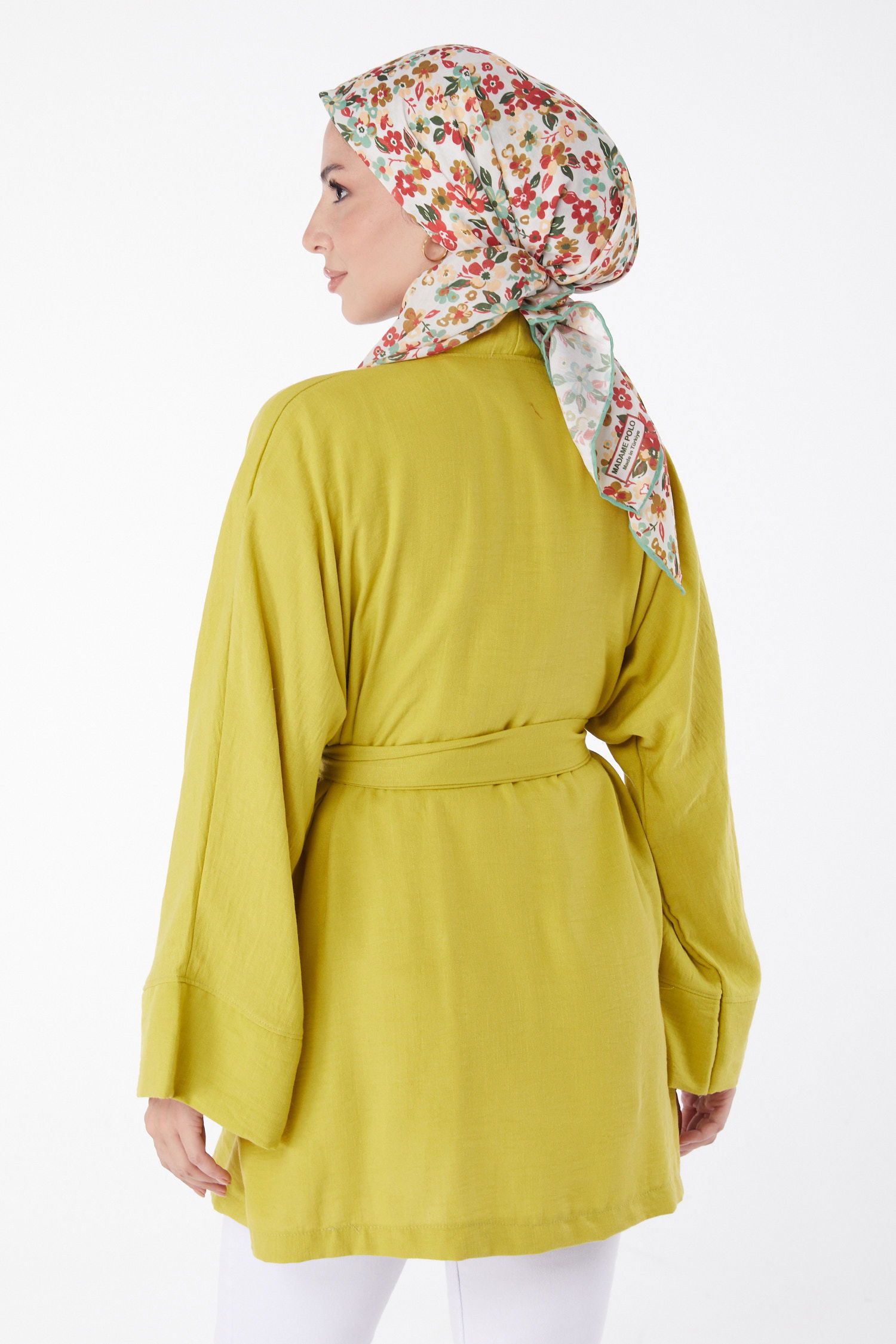 Düz Orta Kadın Yağ Yeşili Kuşaklı Kimono - 26129 - 4