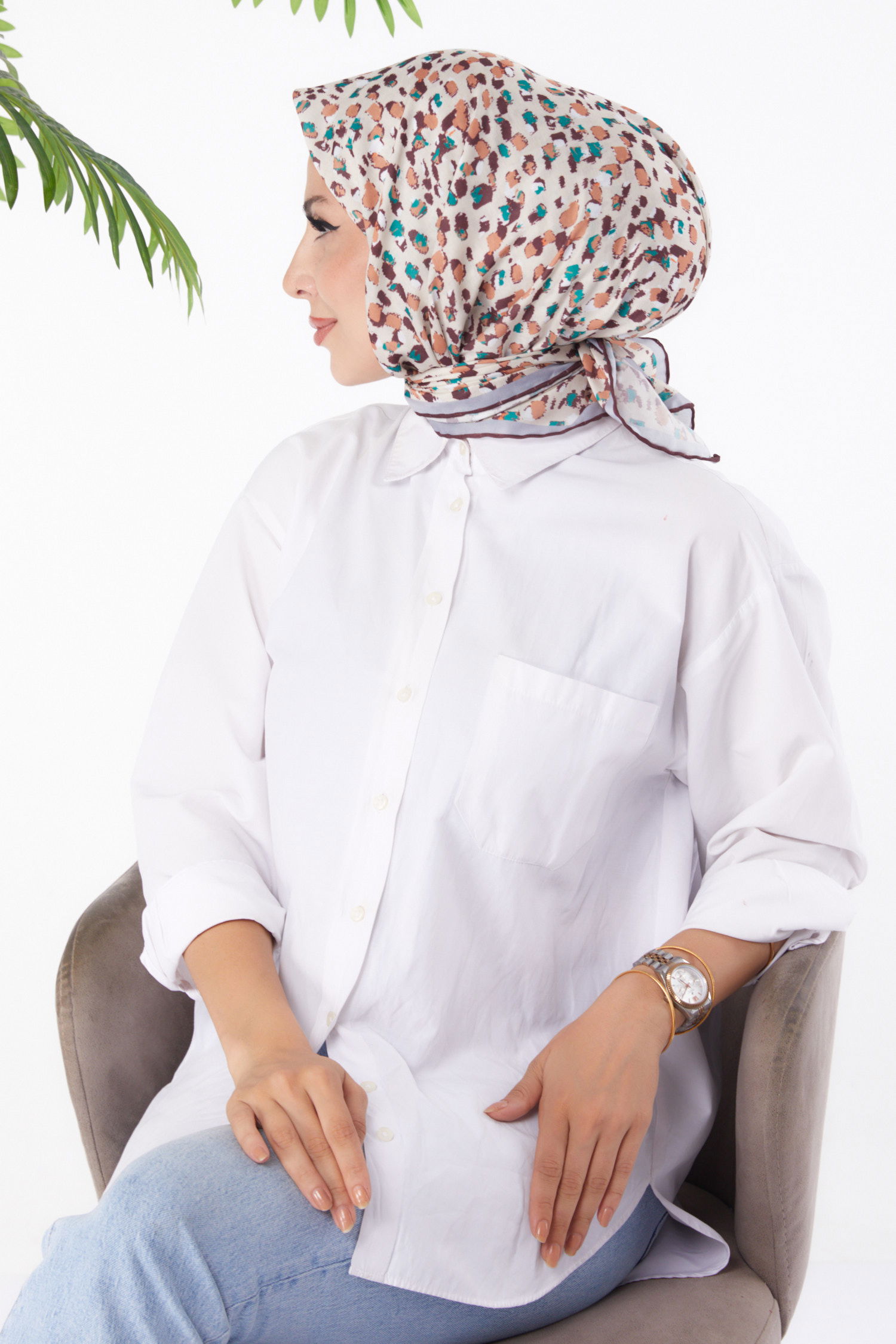 Düz Orta Kadın Yesil Desenli Eşarp - 26152 - 3