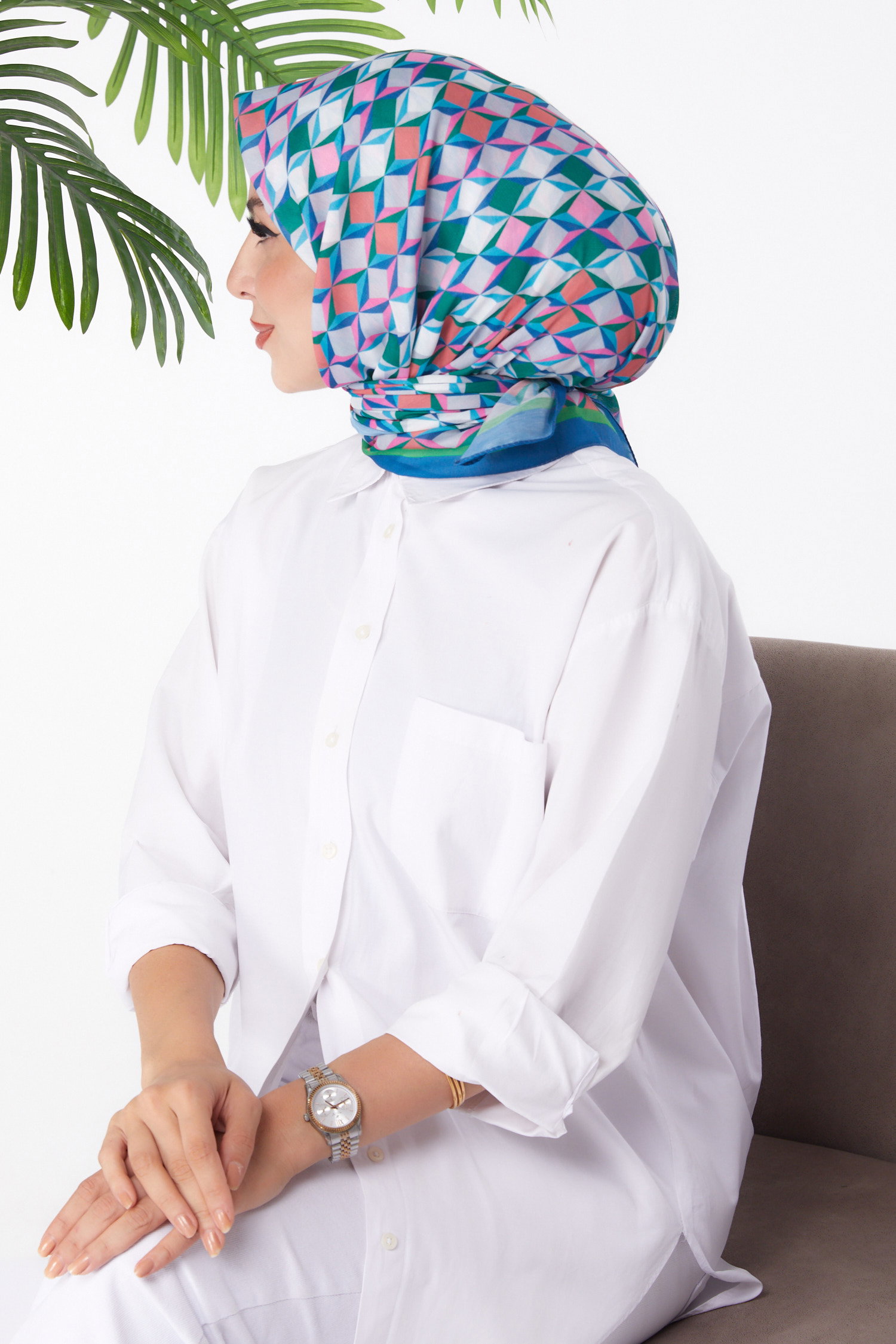 Düz Orta Kadın Yesil Desenli Eşarp - 26157 - 3