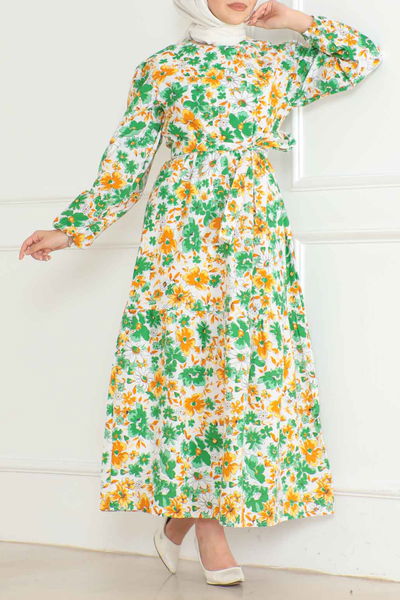 Desenli Kolu Büzgülü Elbise Yesil - 26619 