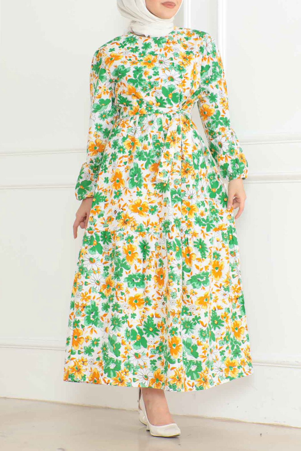 Desenli Kolu Büzgülü Elbise Yesil - 26619 - 2