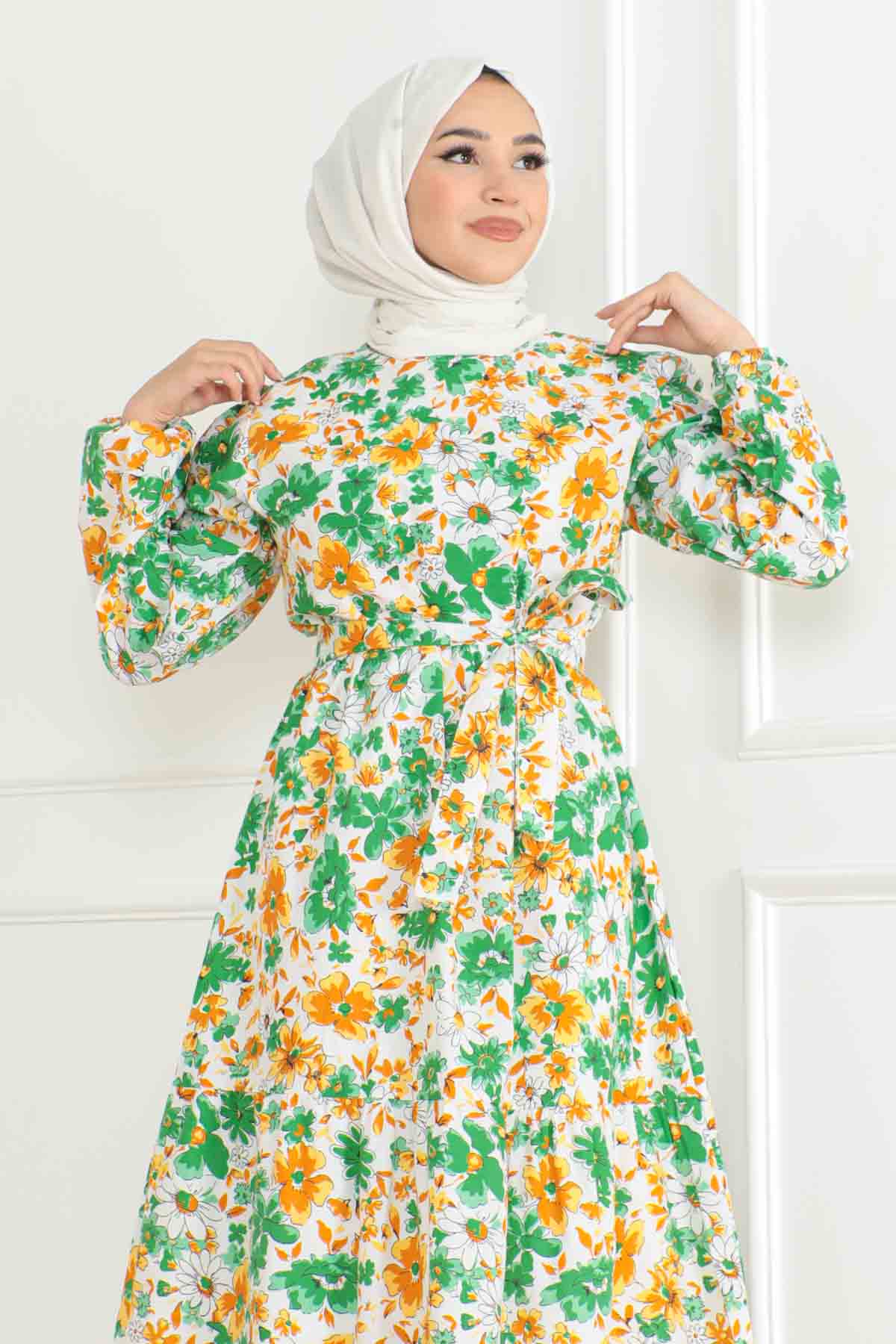 Desenli Kolu Büzgülü Elbise Yesil - 26619 - 3