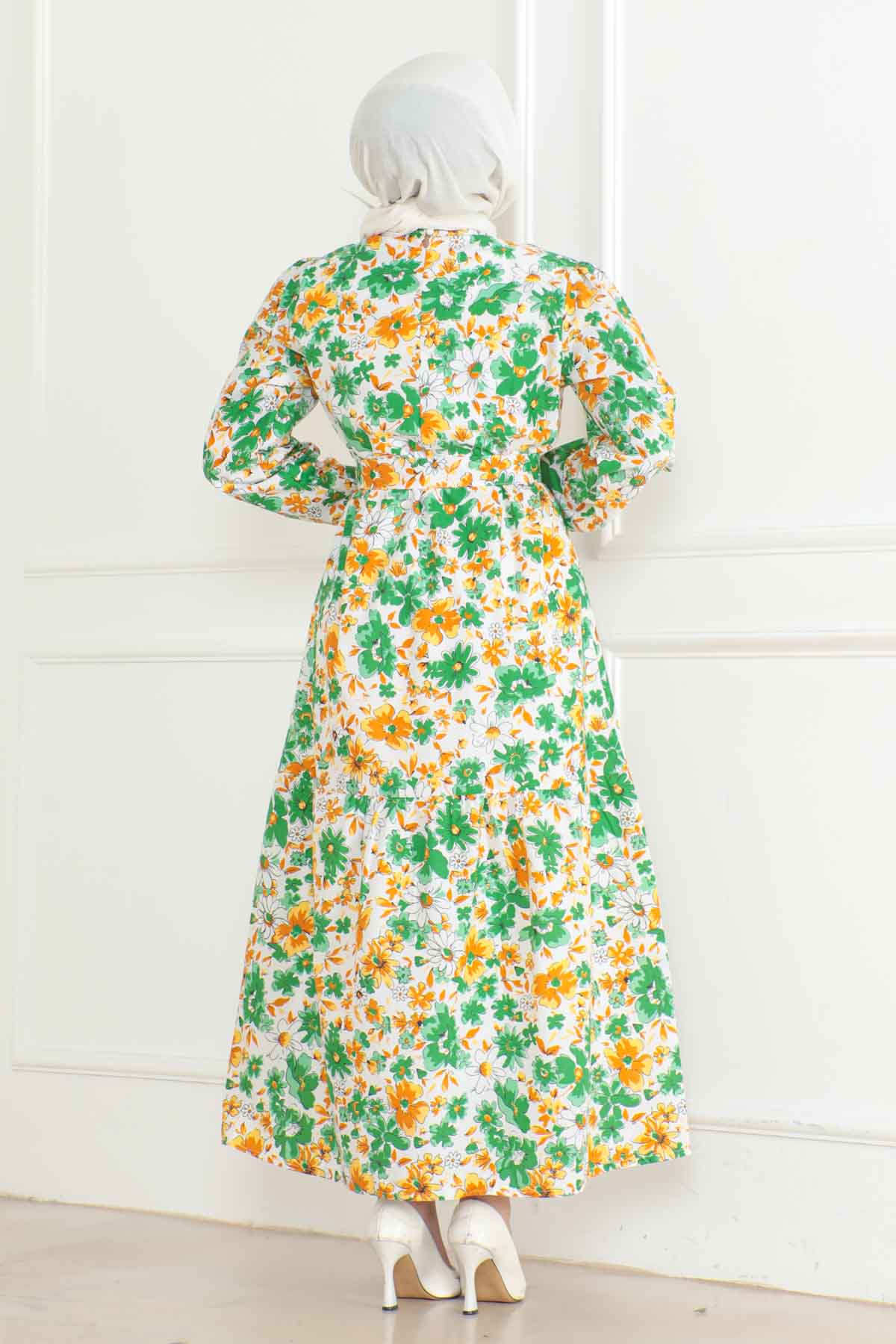 Desenli Kolu Büzgülü Elbise Yesil - 26619 - 4