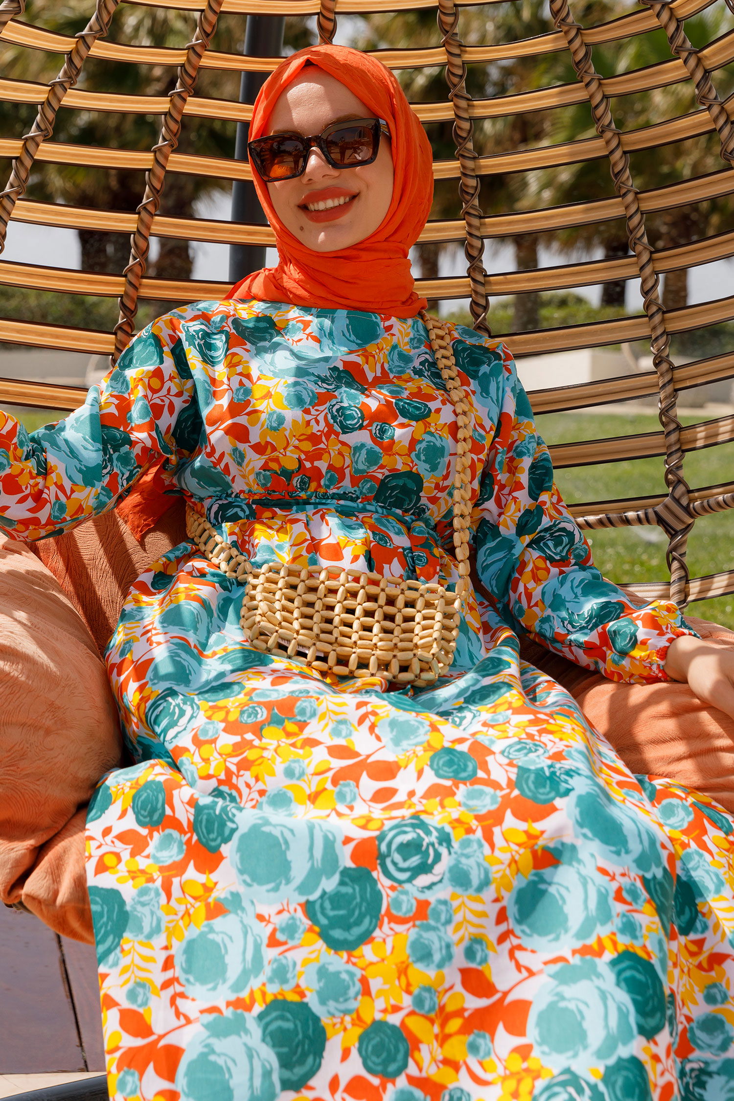 Desenli Kolu Büzgülü Elbise Yesil - 26623 - 1