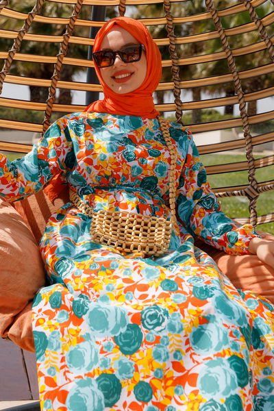 Desenli Kolu Büzgülü Elbise Yesil - 26623 