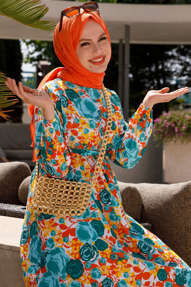 Desenli Kolu Büzgülü Elbise Yesil - 26623 - TOFİSA