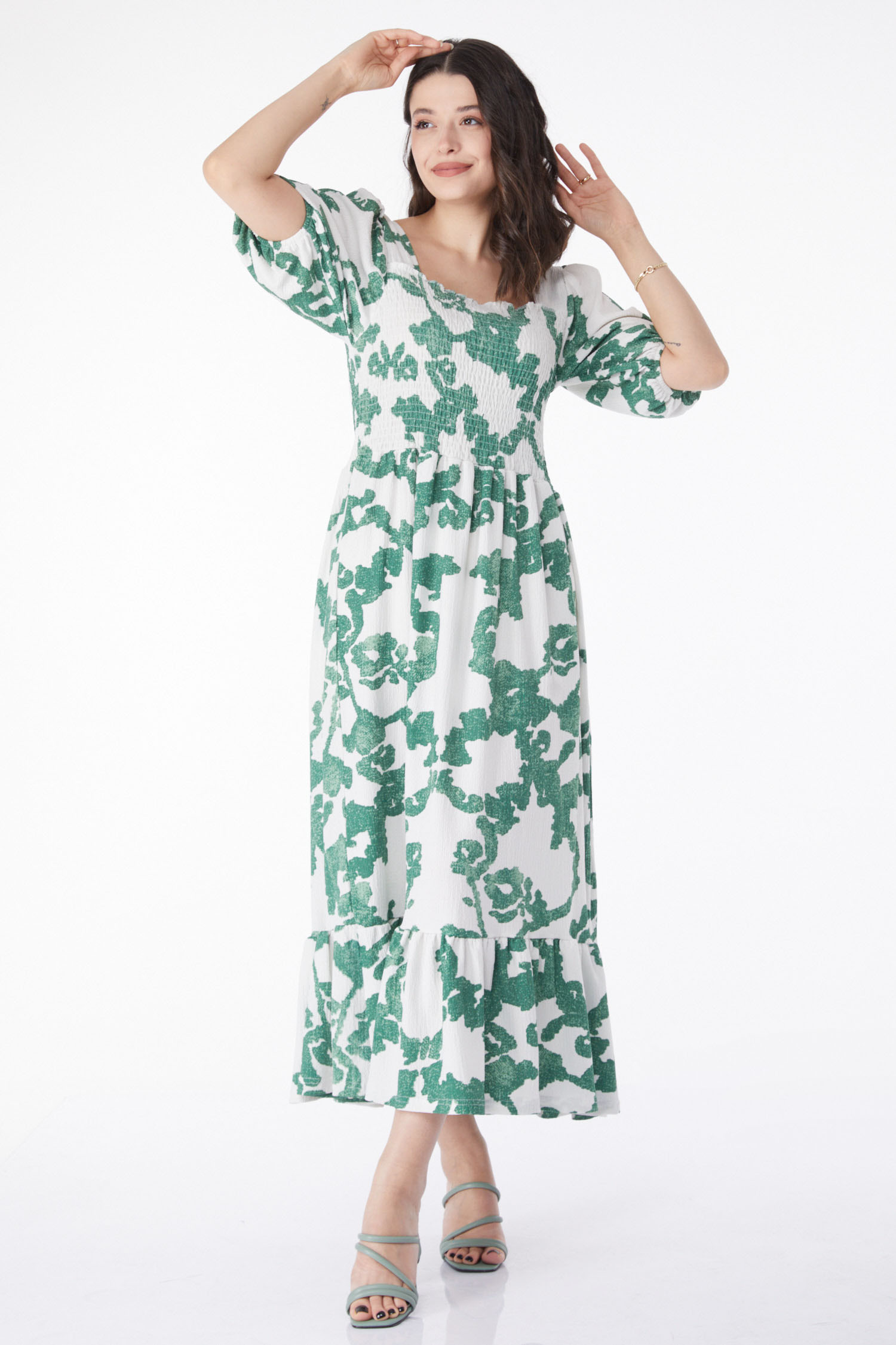 Desenli Midi Elbise Yesil - 25241 - 1