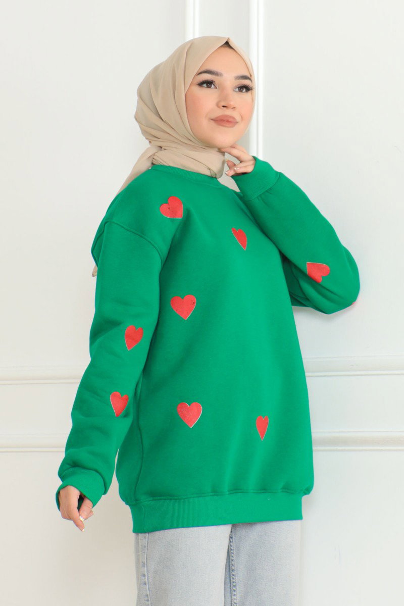 Düz Orta Kadın Yesil Kalpli Sweat - 26659 - 3