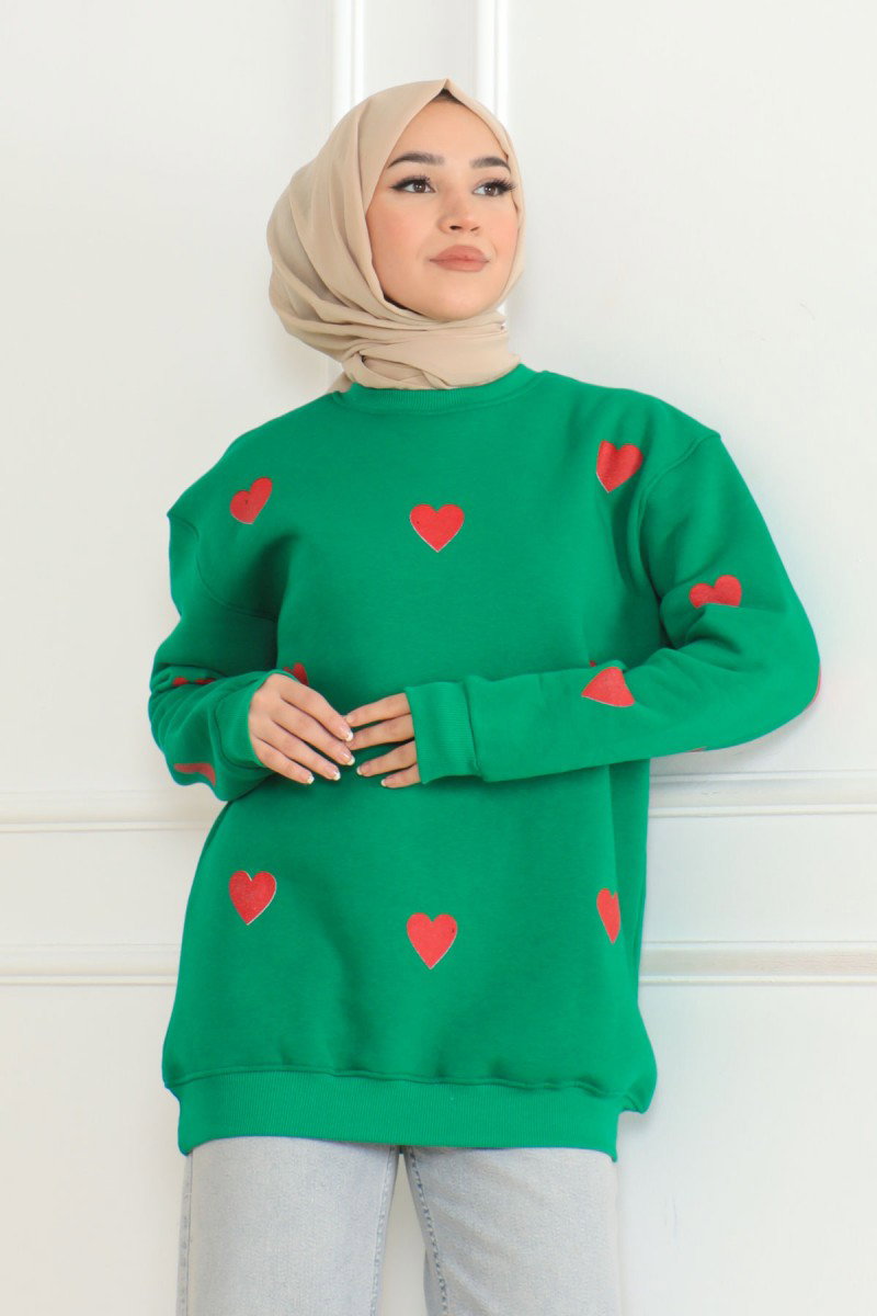 Düz Orta Kadın Yesil Kalpli Sweat - 26659 - 1
