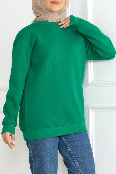 Kadın Bisiklet Yaka Salak Sweatshirt Yesil - 26617 