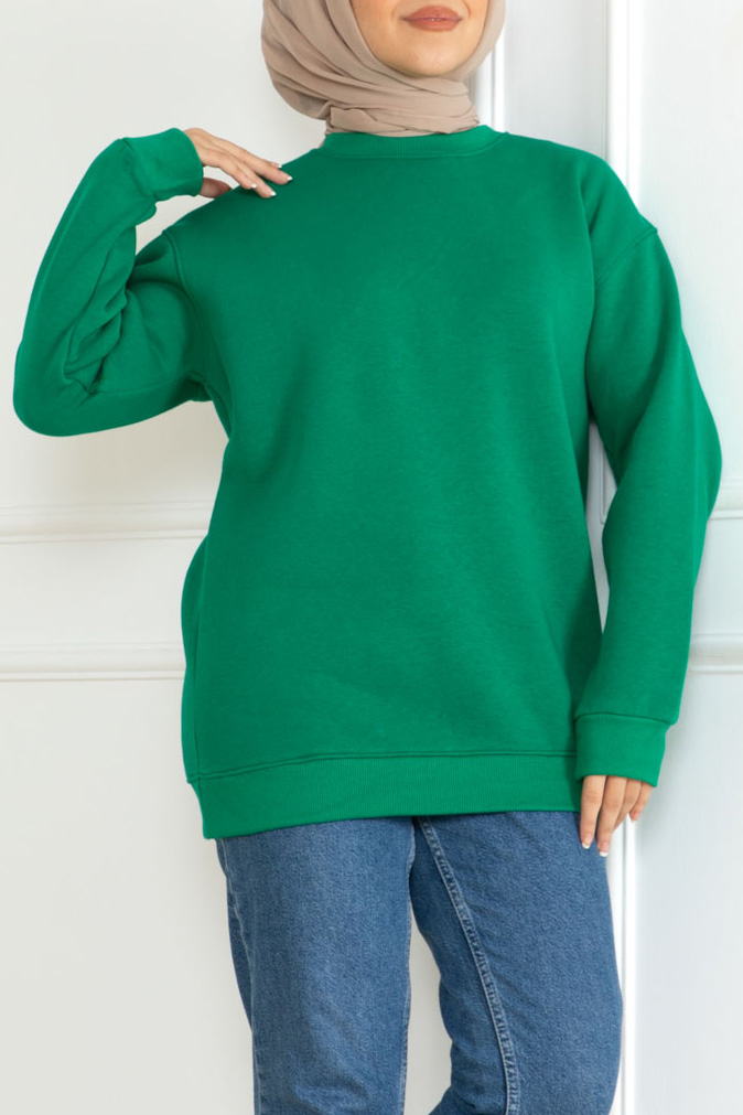 Kadın Bisiklet Yaka Salak Sweatshirt Yesil - 26617 - 2