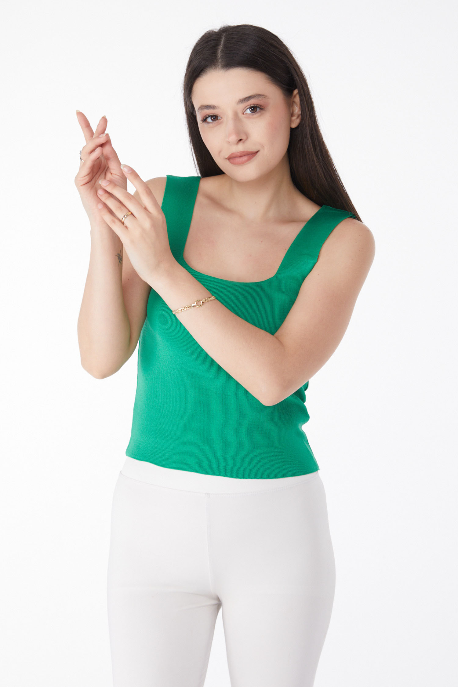 Düz Orta Kadın Yesil Yazlık Triko Crop - 25220 - 1