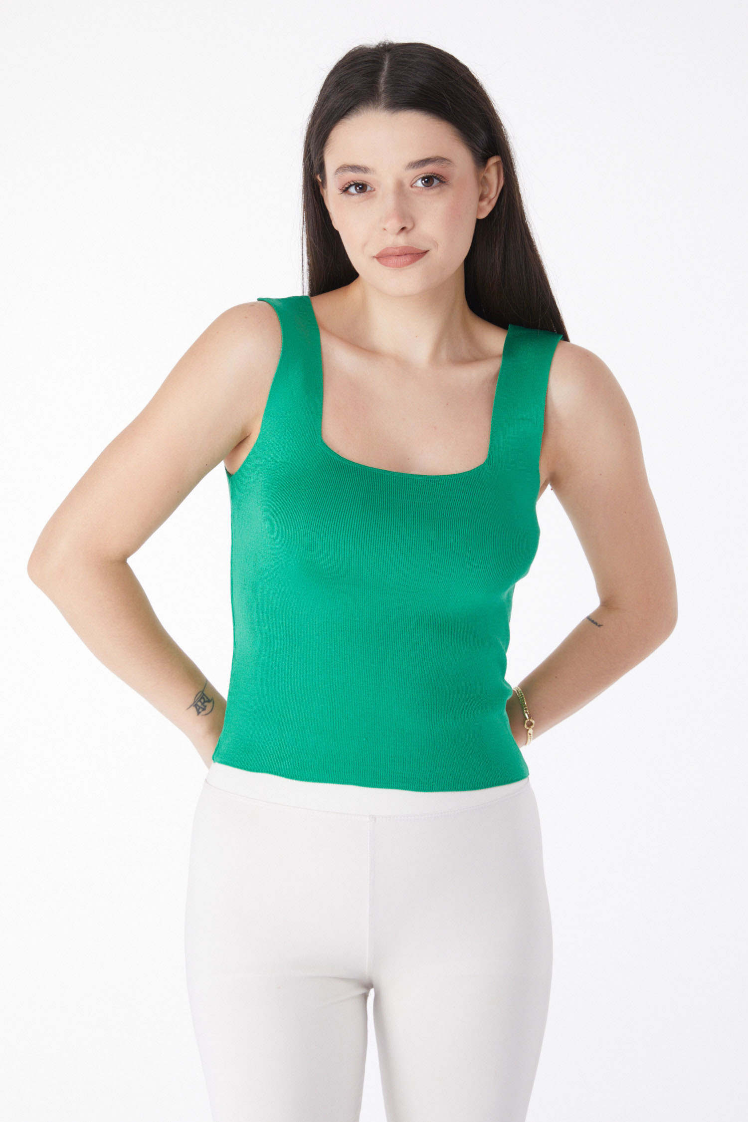 Düz Orta Kadın Yesil Yazlık Triko Crop - 25220 - 2