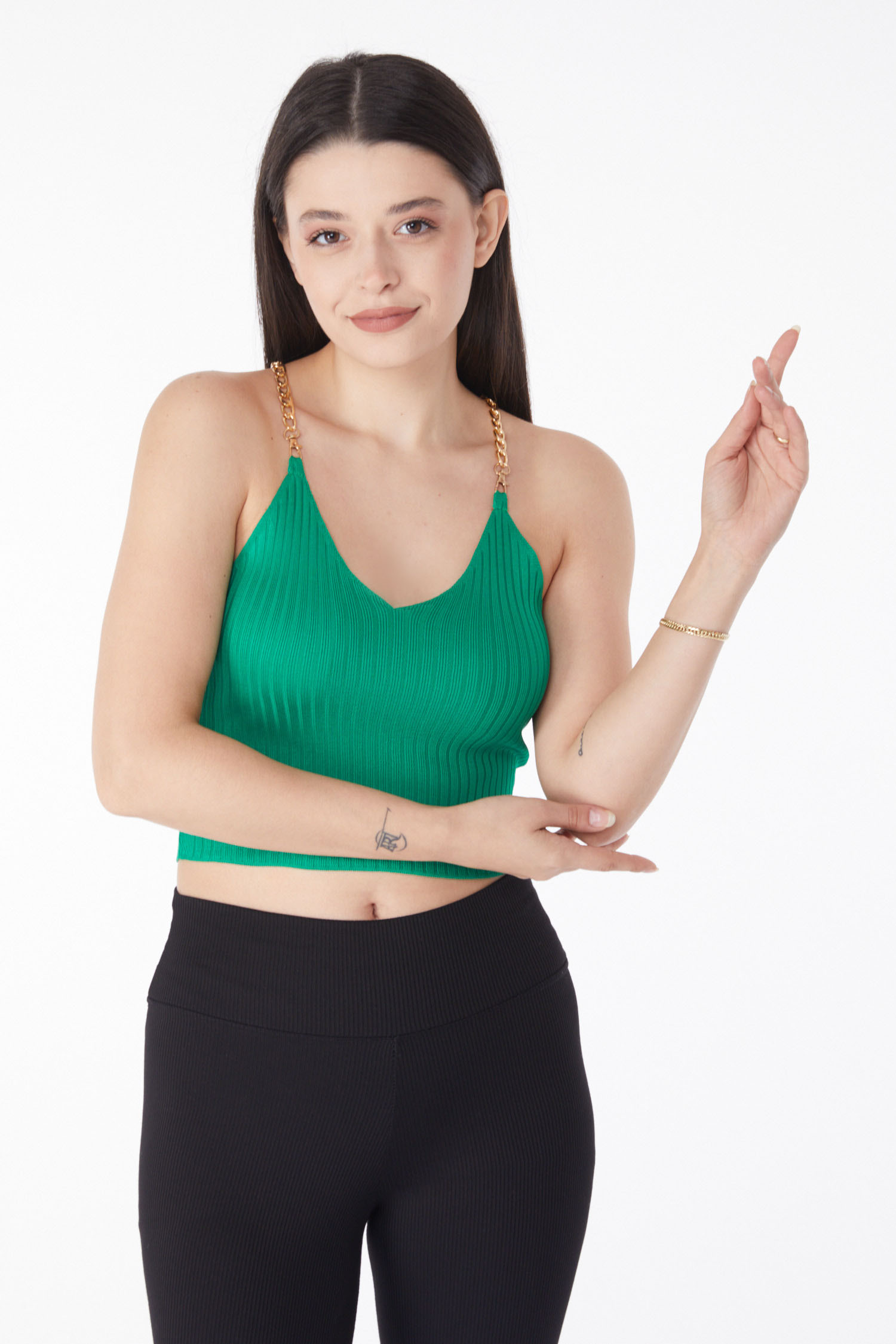 Düz Orta Kadın Yesil Zincirli Triko Crop - 25221 - 1