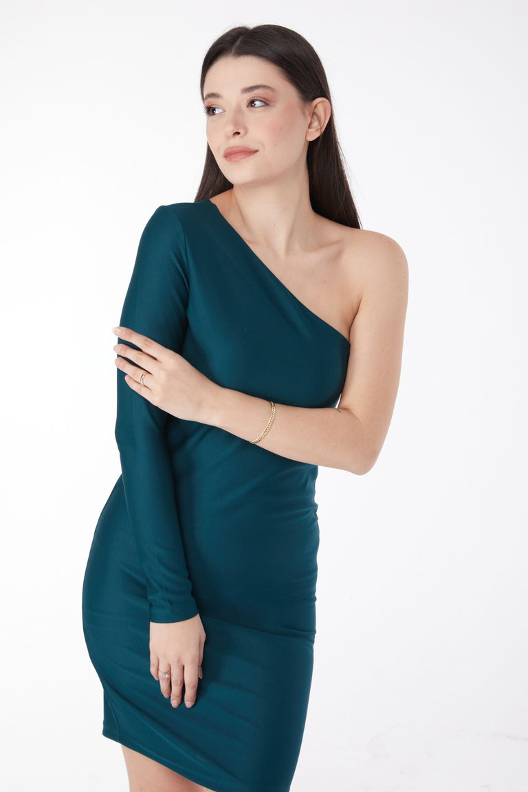 Düz Orta Kadın Zümrüt Ara Boy Abiye Elbise - 13174 - TOFİSA