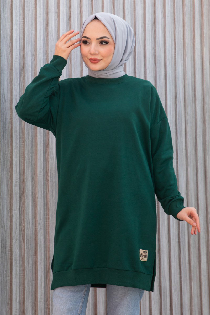 Düz Orta Kadın Zümrüt Armalı Tunik - 26568 - 1