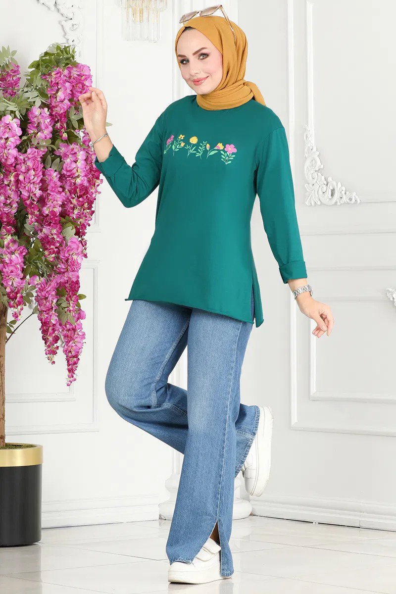 Kadın Bisiklet Yaka Çiçek Baskılı Tunik Zümrüt - 26628 - 2