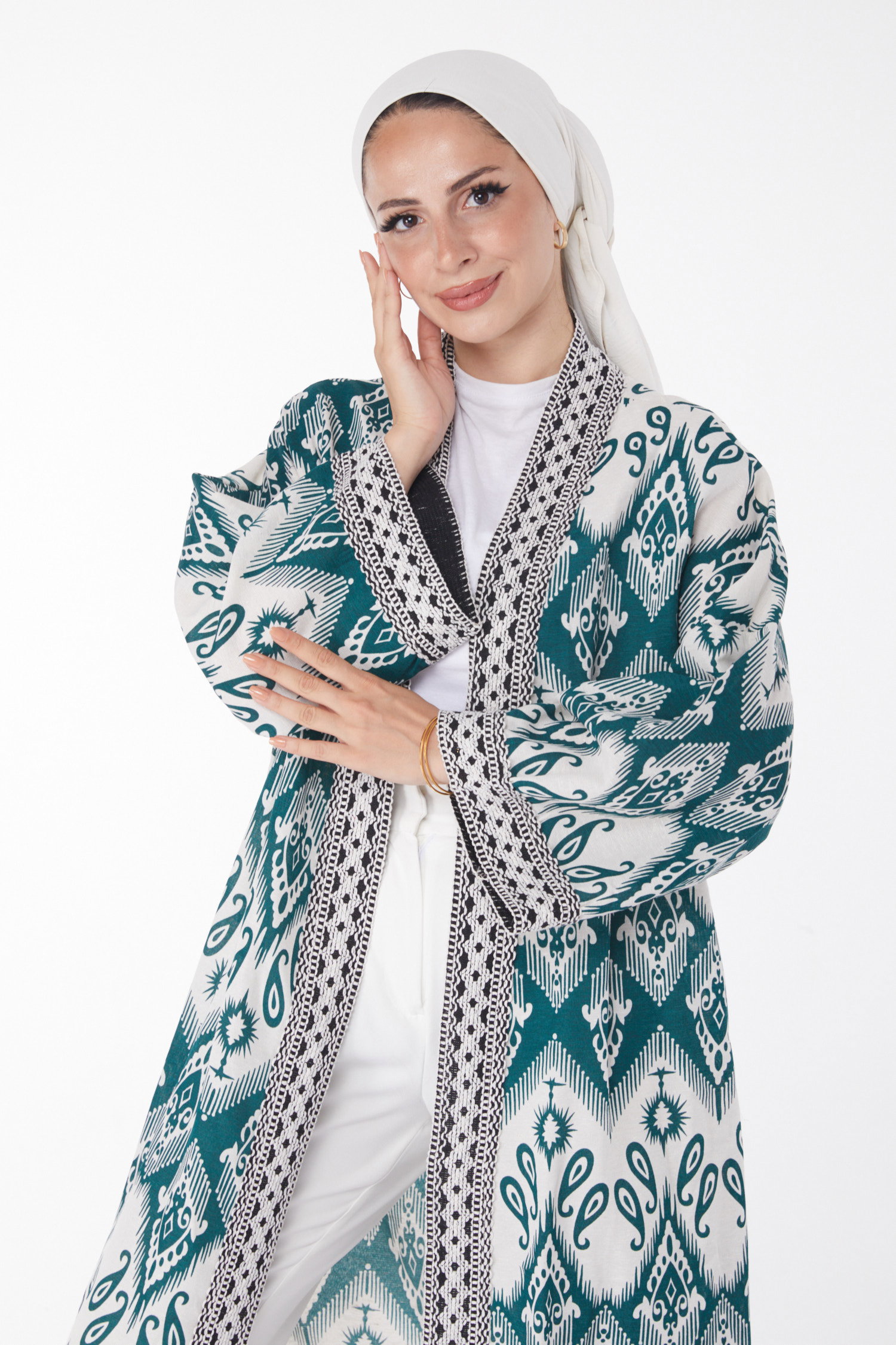 Düz Orta Kadın Zümrüt Desenli Kimono - 13231 - 2