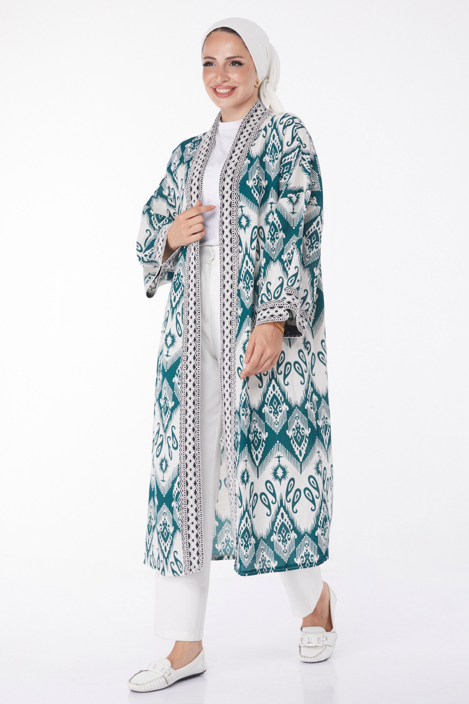 Düz Orta Kadın Zümrüt Desenli Kimono - 13231 - 3