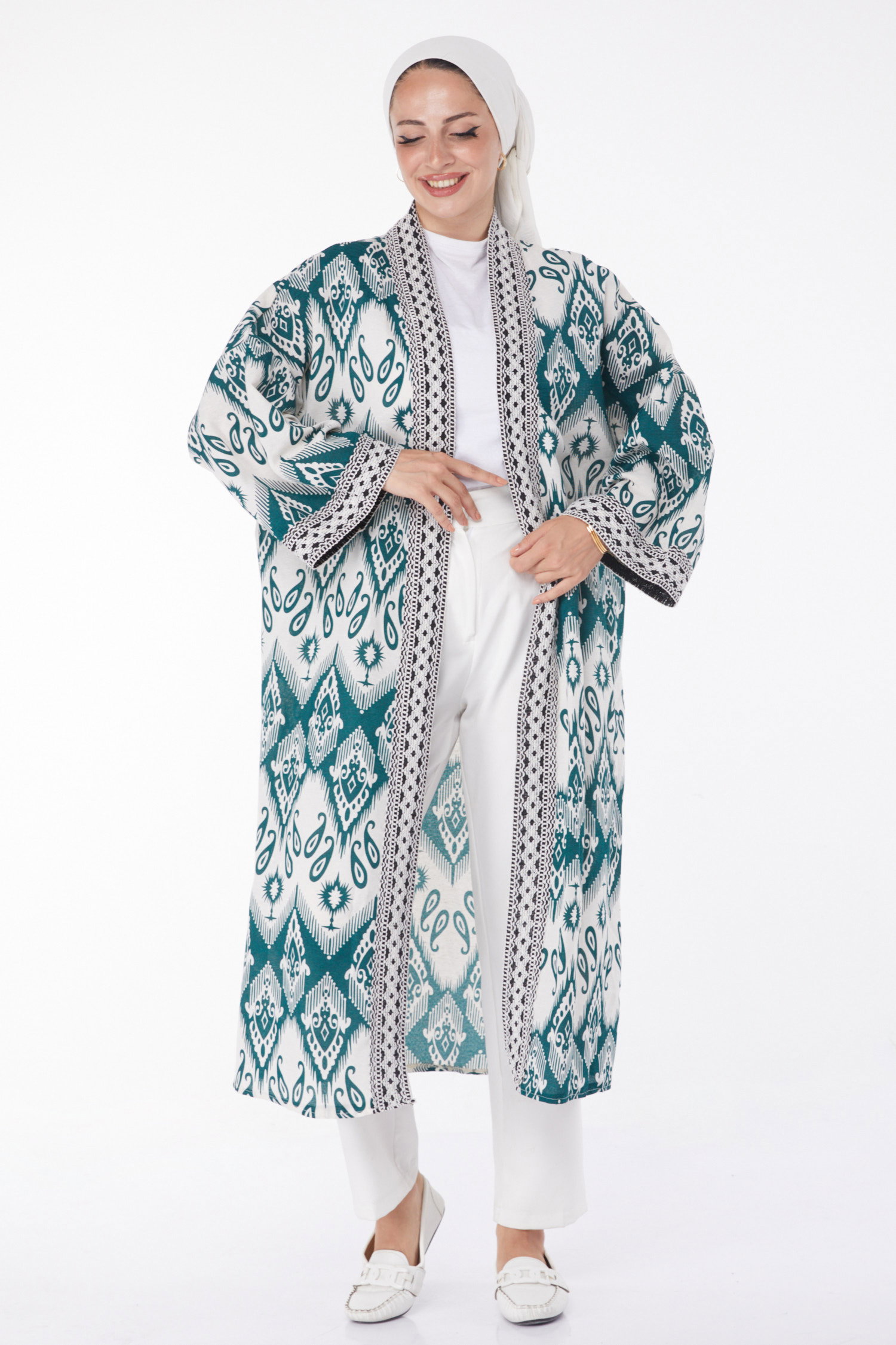 Düz Orta Kadın Zümrüt Desenli Kimono - 13231 - 1