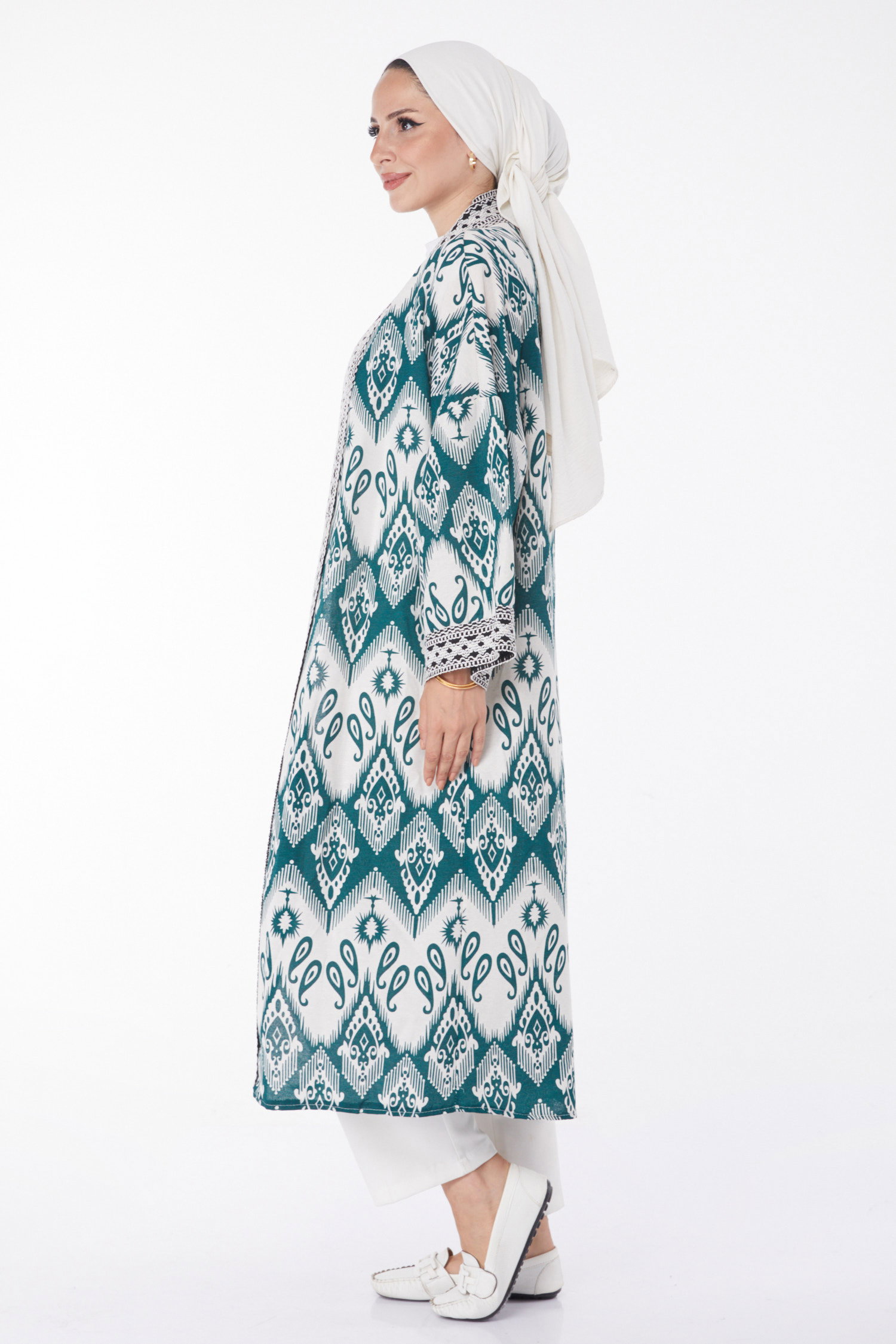 Düz Orta Kadın Zümrüt Desenli Kimono - 13231 - 4