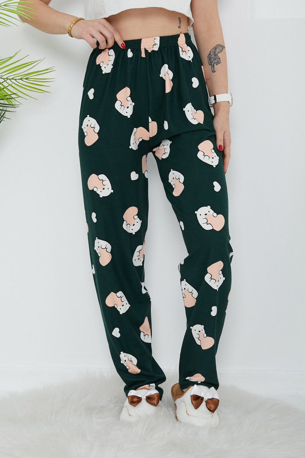 Düz Orta Kadın Zumrut Desenli Pijama Altı - 26664 - 1