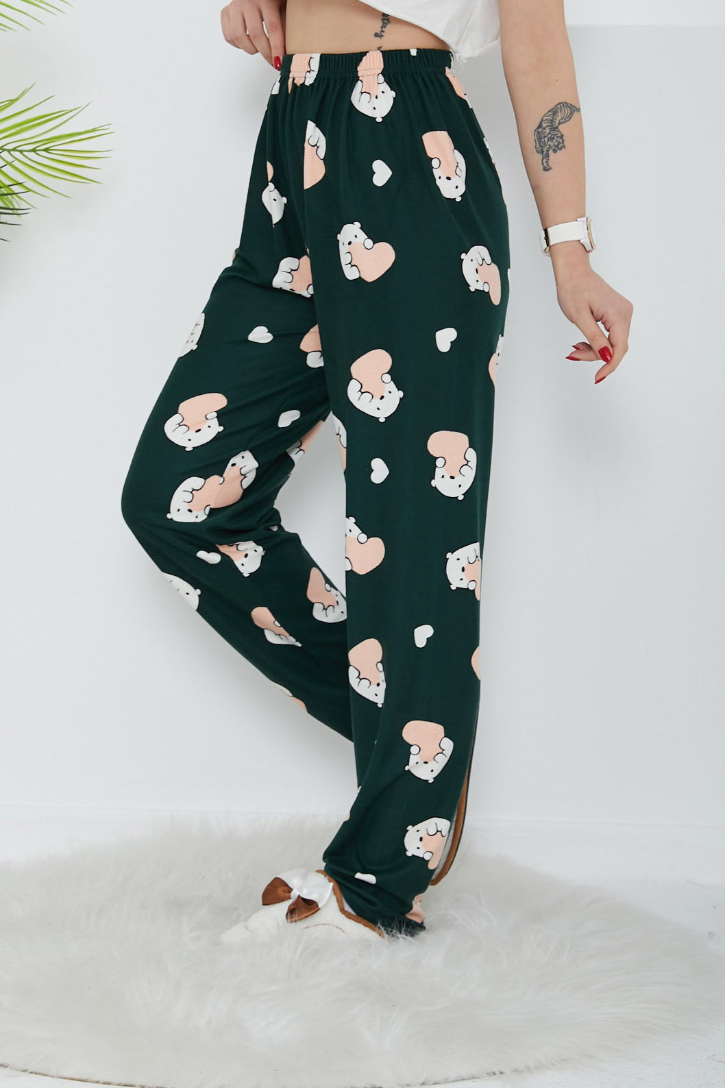 Düz Orta Kadın Zumrut Desenli Pijama Altı - 26664 - 2