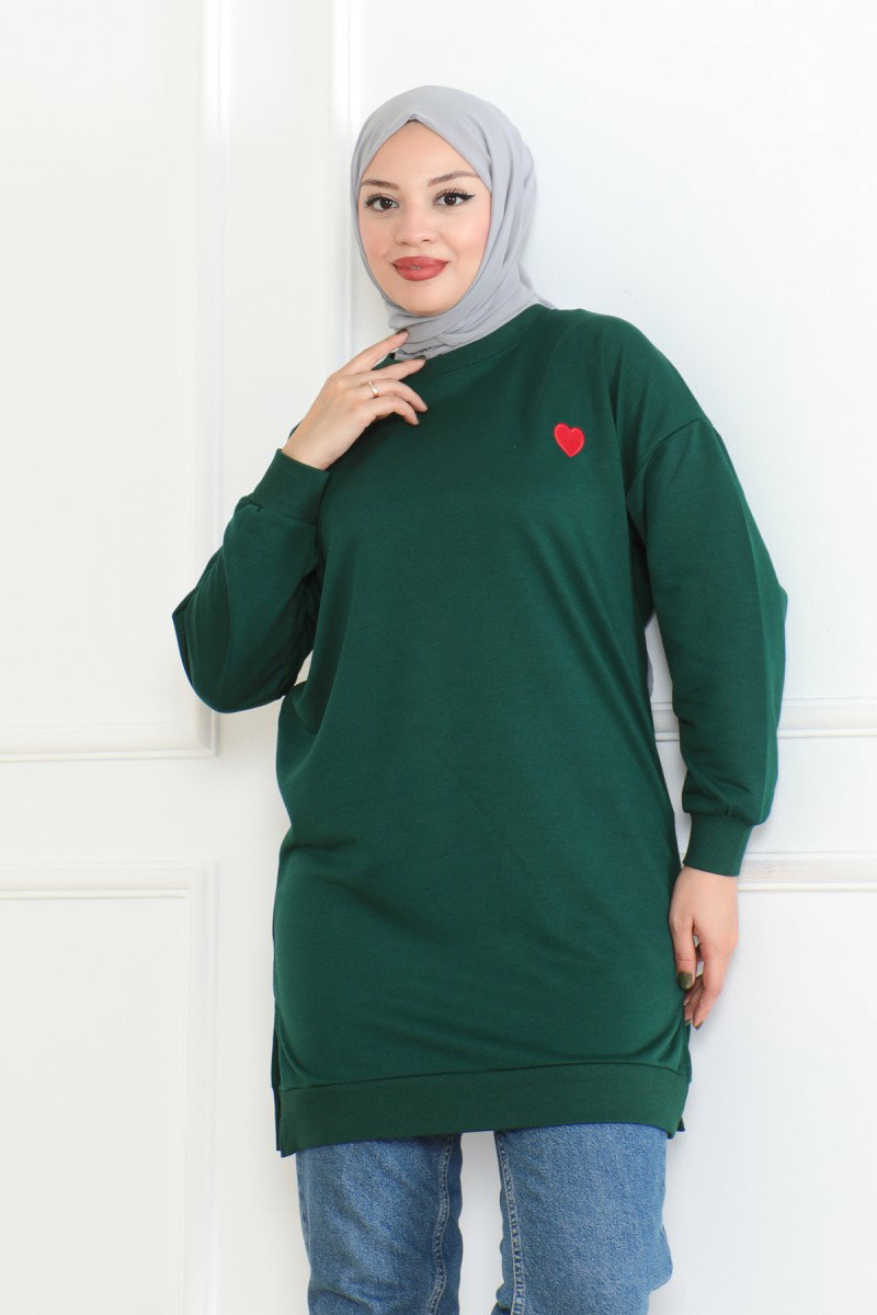 Düz Orta Kadın Zümrüt Kalpli Tunik - 26604 - 2