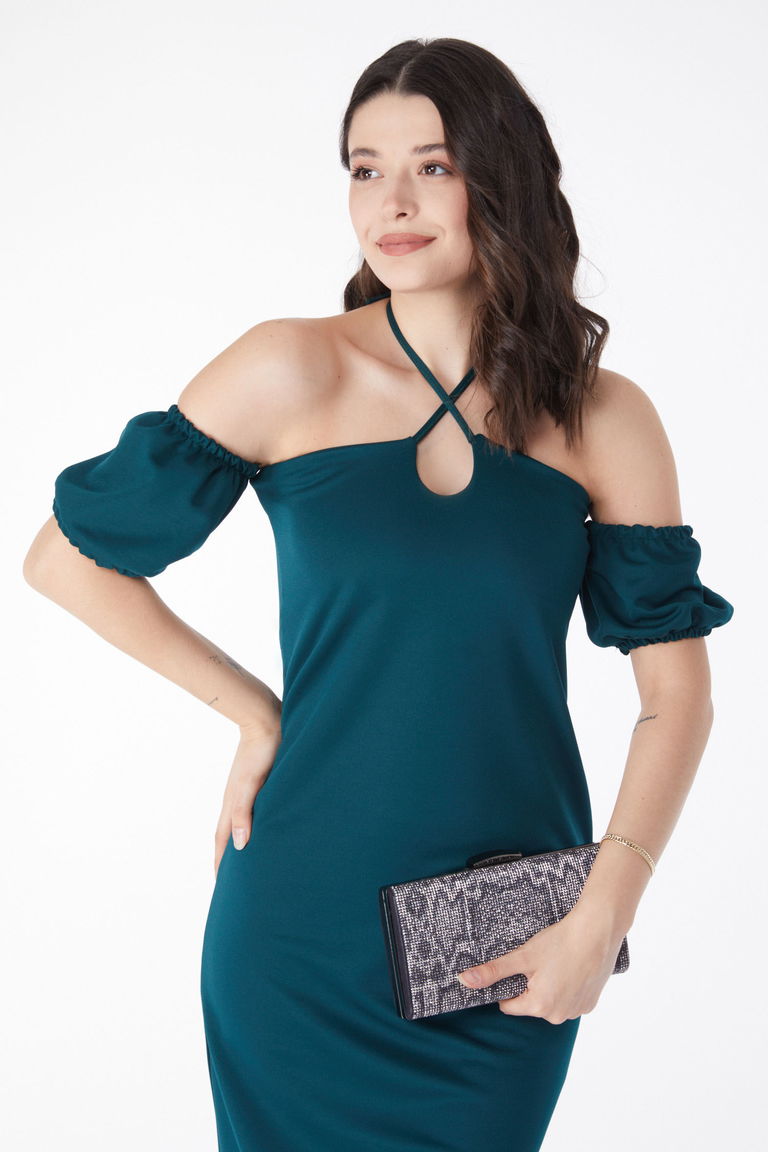 Düz Orta Kadın Zümrüt Prenses Kol Abiye Elbise - 13189 - TOFİSA