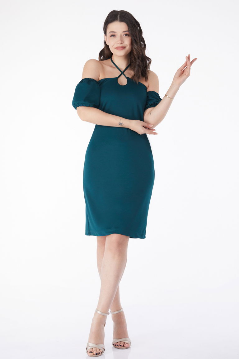 Düz Orta Kadın Zümrüt Prenses Kol Abiye Elbise - 13189 - TOFİSA