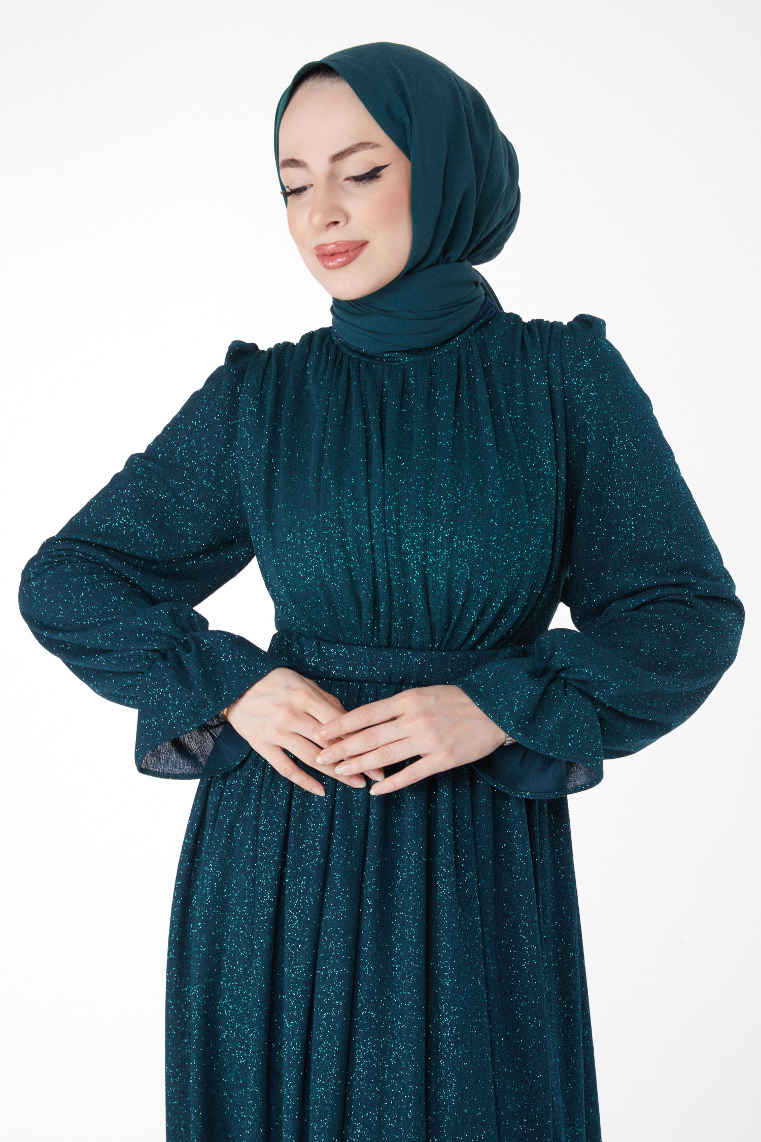 Simli Kemerli Abiye Elbise Zümrüt - 25058 - 2