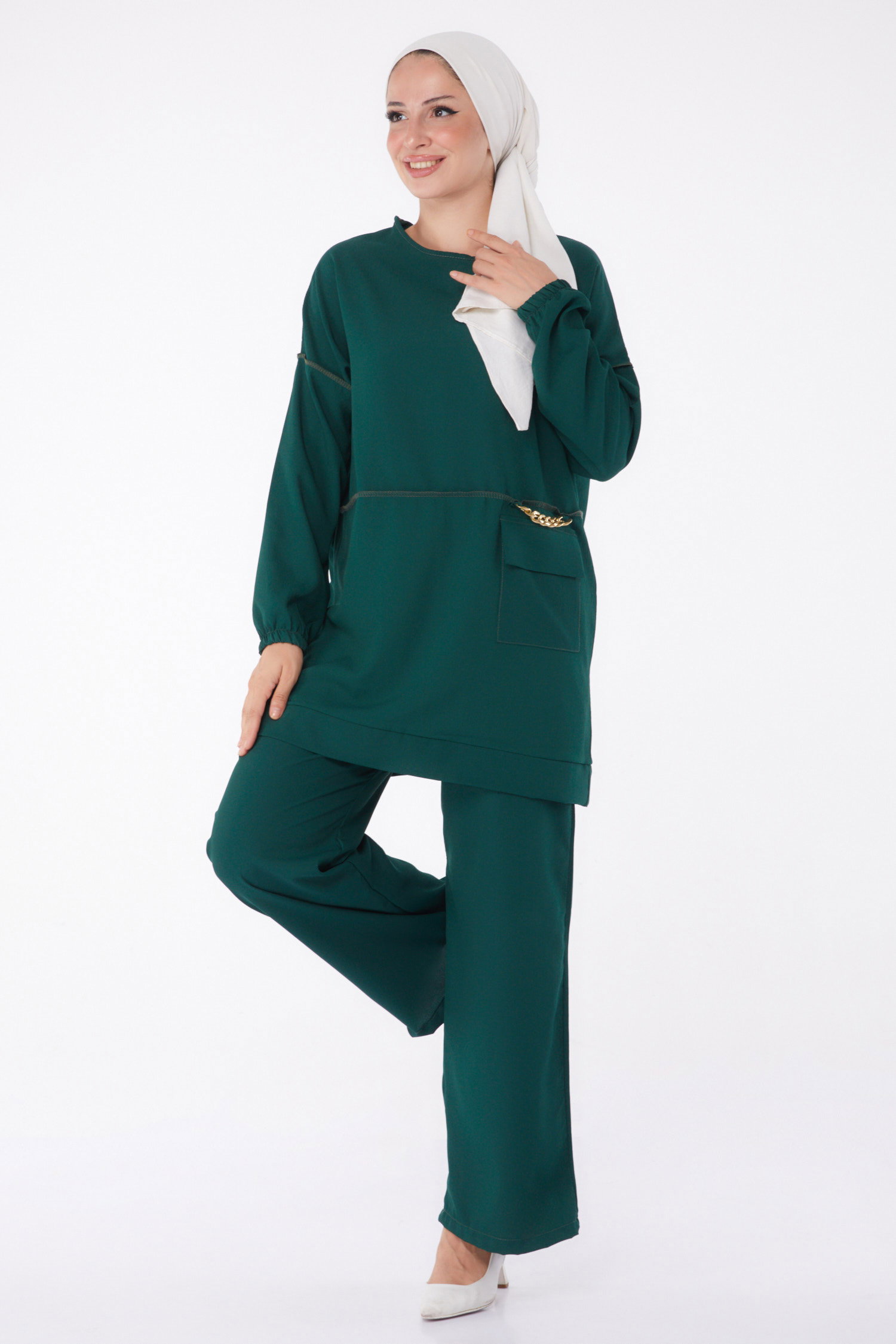 Düz Orta Kadın Zümrüt Tunik Pantolon - 10542 - 1